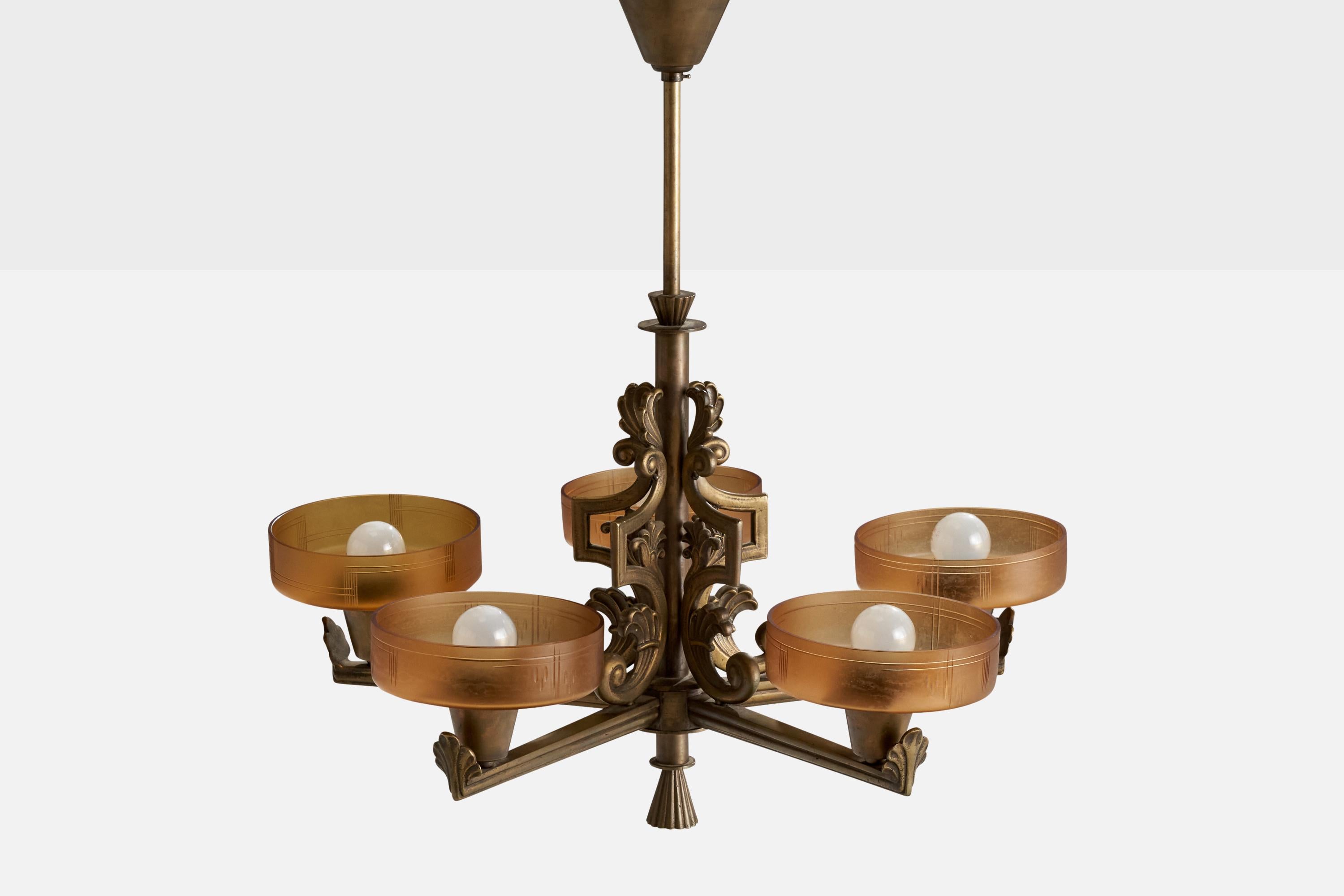 Swedish Bröderna Malmströms Metallvarufabrik, Chandelier, Brass, Glass, Sweden, 1930s For Sale