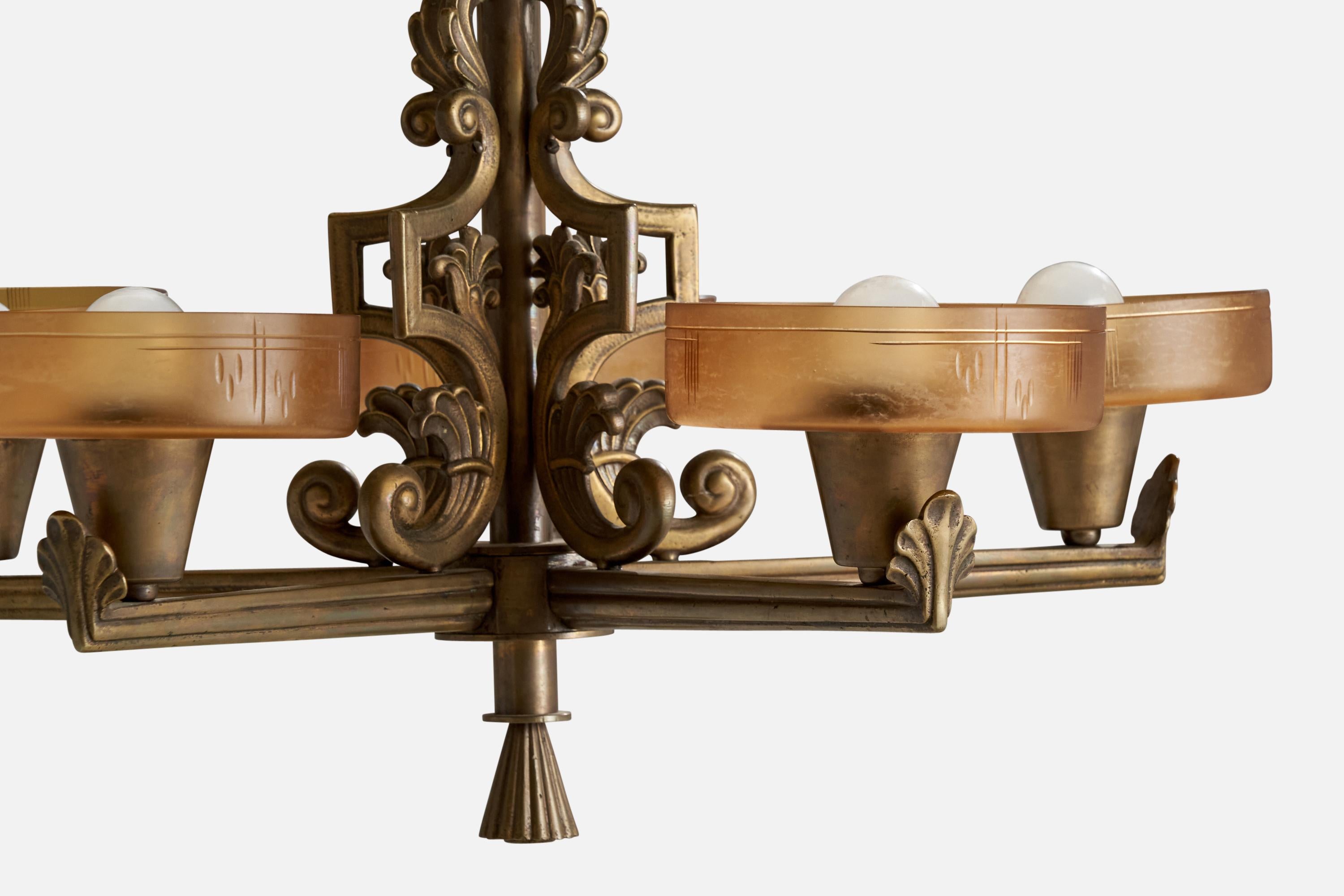 Bröderna Malmströms Metallvarufabrik, Chandelier, Brass, Glass, Sweden, 1930s In Good Condition For Sale In High Point, NC