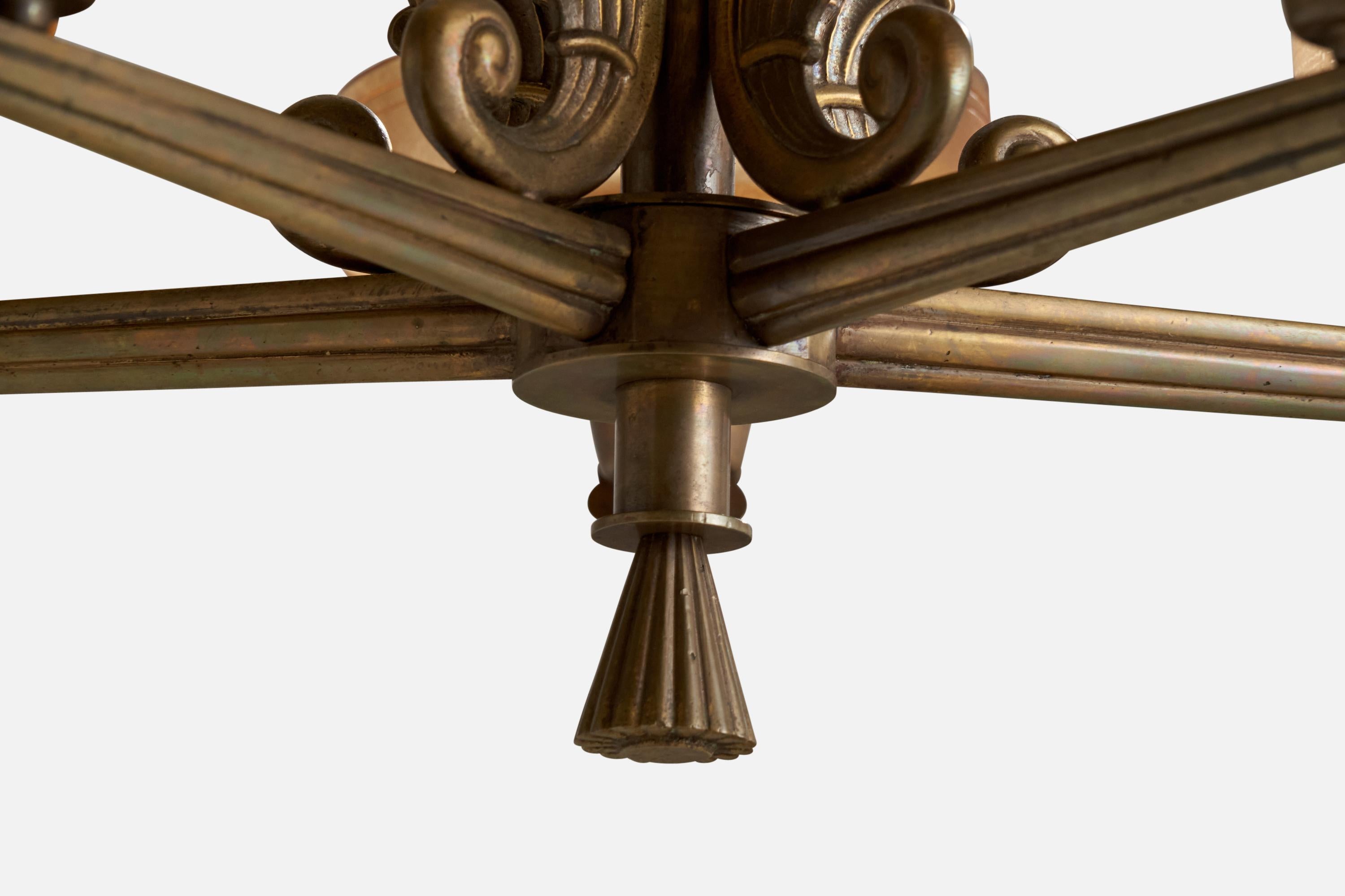 Mid-20th Century Bröderna Malmströms Metallvarufabrik, Chandelier, Brass, Glass, Sweden, 1930s For Sale