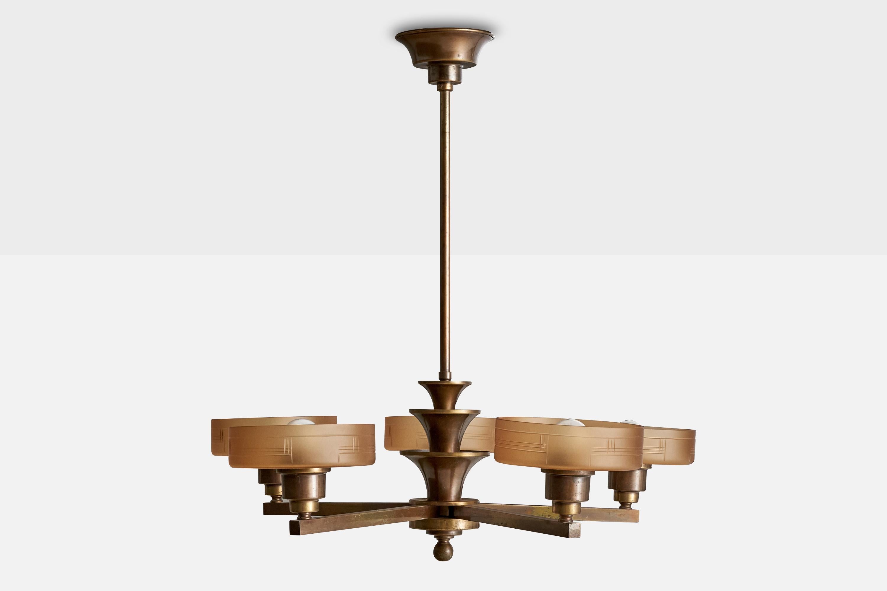 Mid-20th Century Bröderna Malmström Metallvarufabrik, Chandelier, Brass, Glass, Sweden, 1940s For Sale