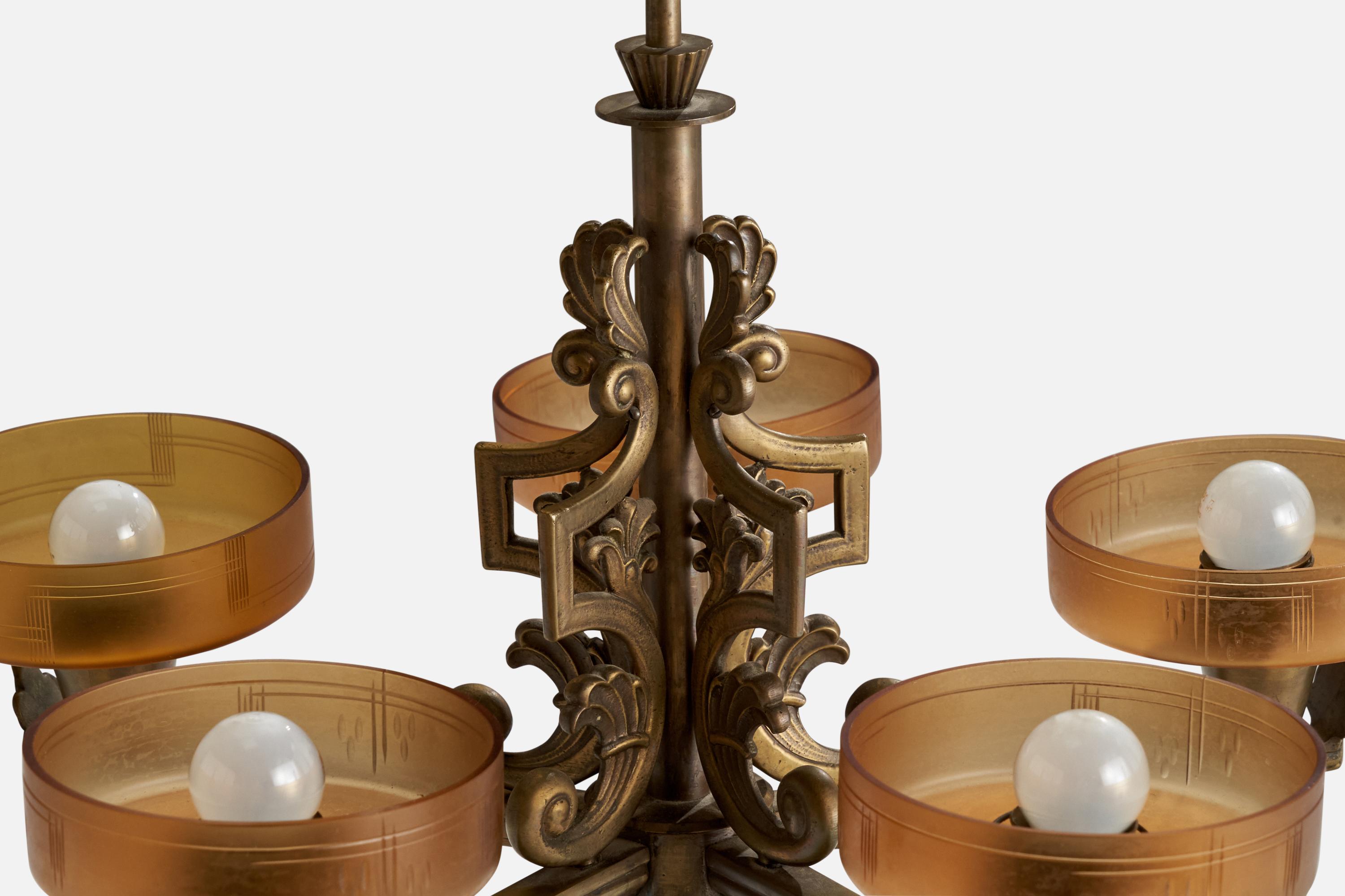 Bröderna Malmströms Metallvarufabrik, Chandelier, Brass, Glass, Sweden, 1930s For Sale 1