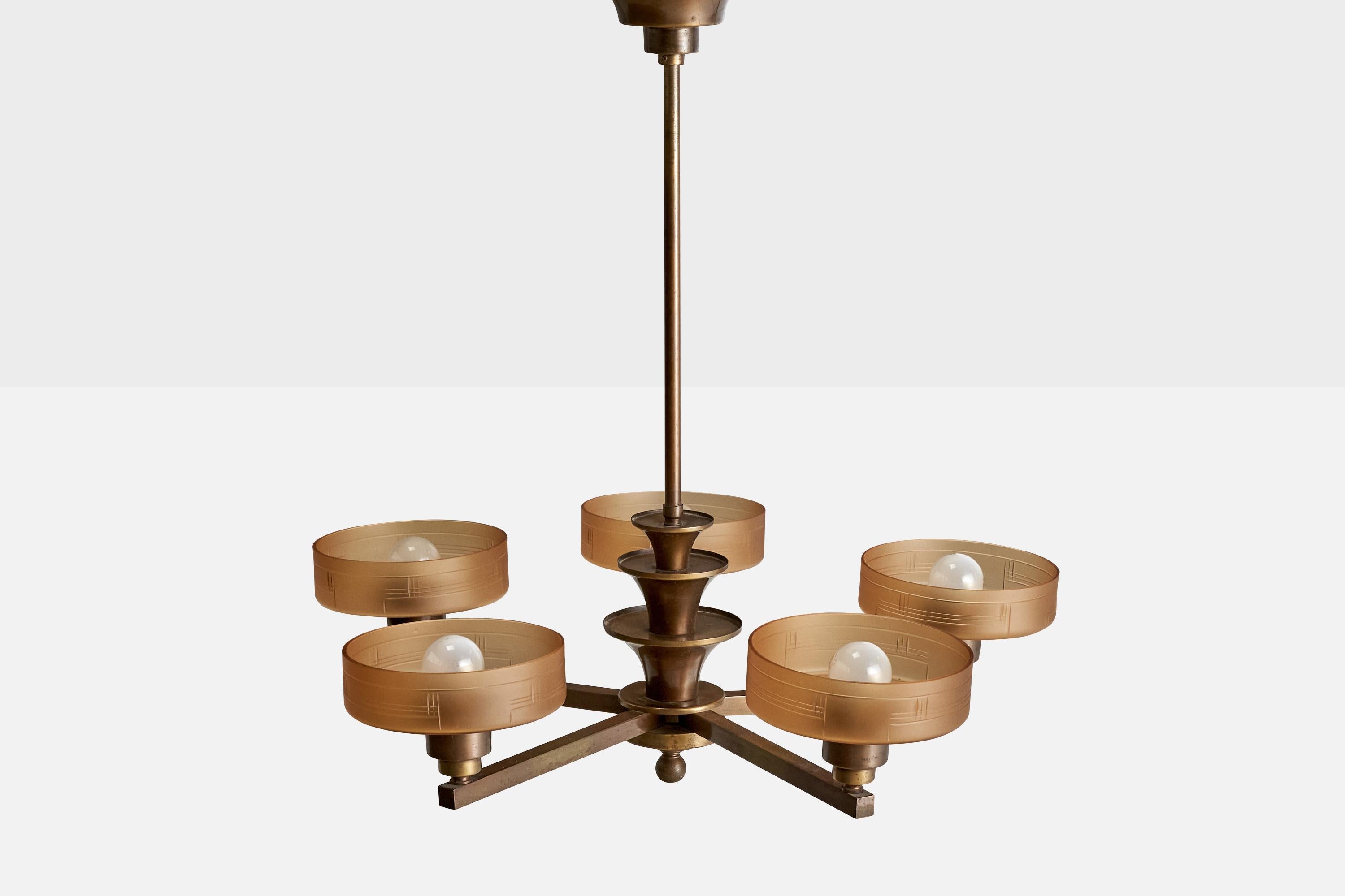 Bröderna Malmström Metallvarufabrik, Chandelier, Brass, Glass, Sweden, 1940s For Sale 1