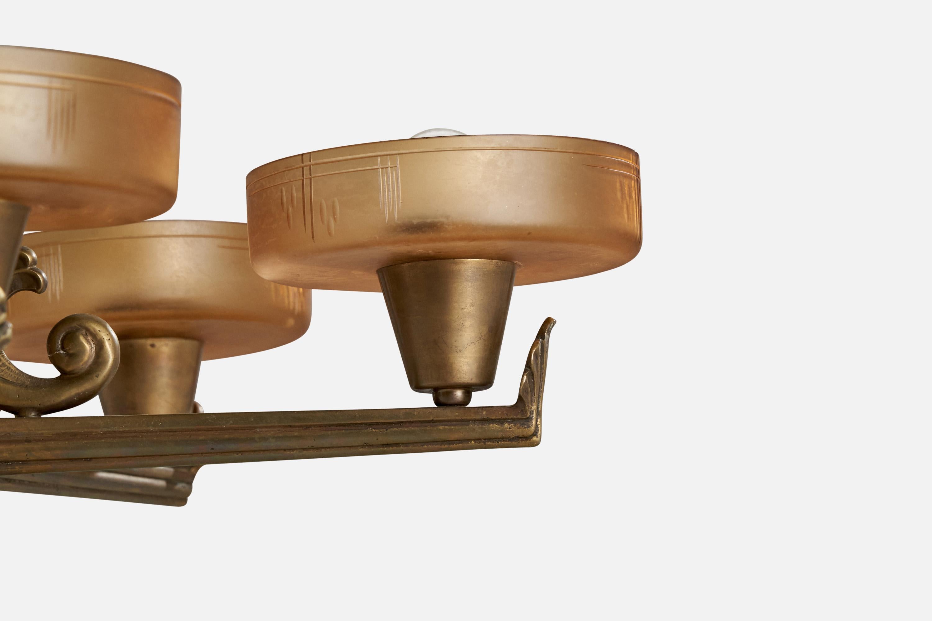 Bröderna Malmströms Metallvarufabrik, Chandelier, Brass, Glass, Sweden, 1930s For Sale 2