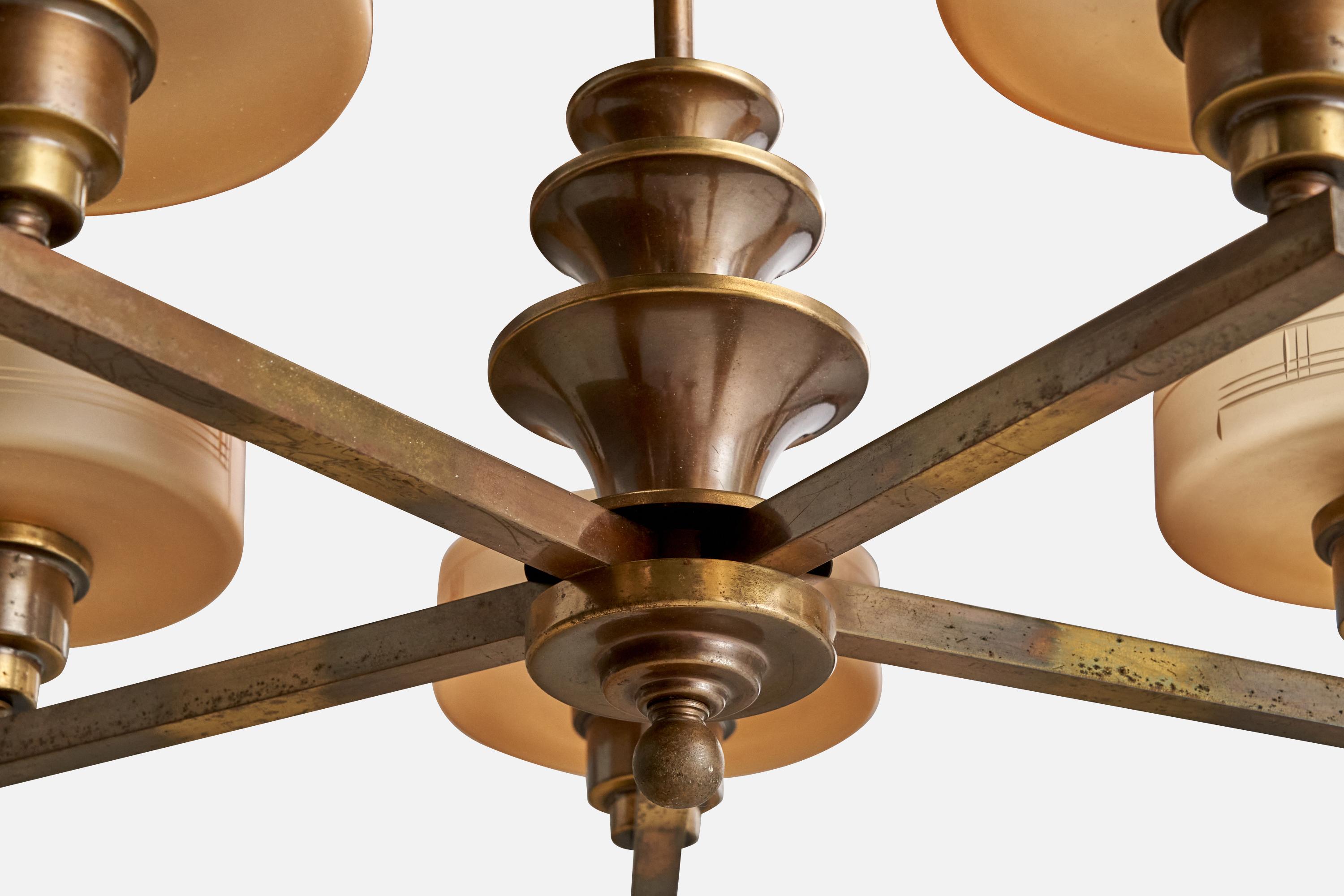 Bröderna Malmström Metallvarufabrik, Chandelier, Brass, Glass, Sweden, 1940s For Sale 2