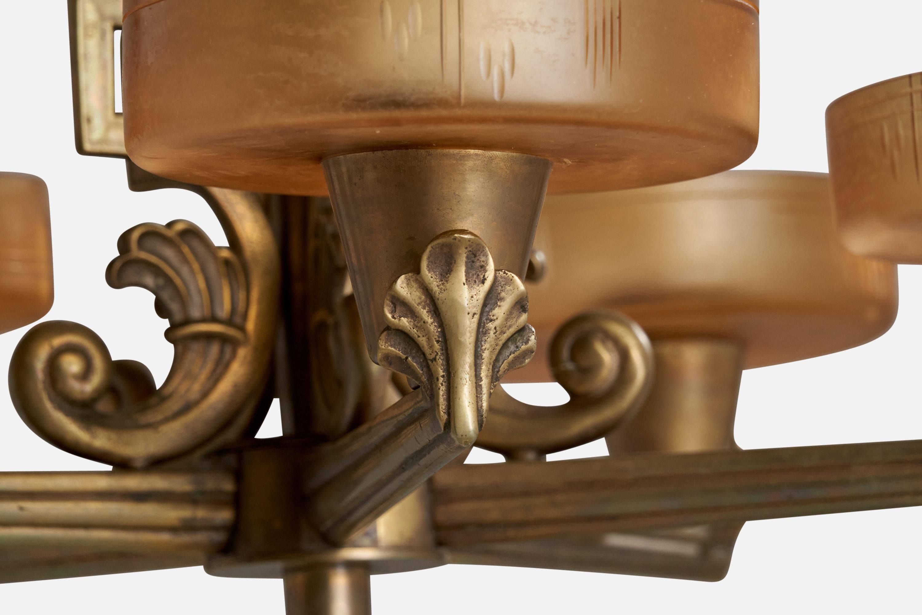 Bröderna Malmströms Metallvarufabrik, Chandelier, Brass, Glass, Sweden, 1930s For Sale 3