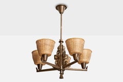 Bröderna Malmström Metallvarufabrik, Chandelier, Brass, Rattan, Sweden, 1940s