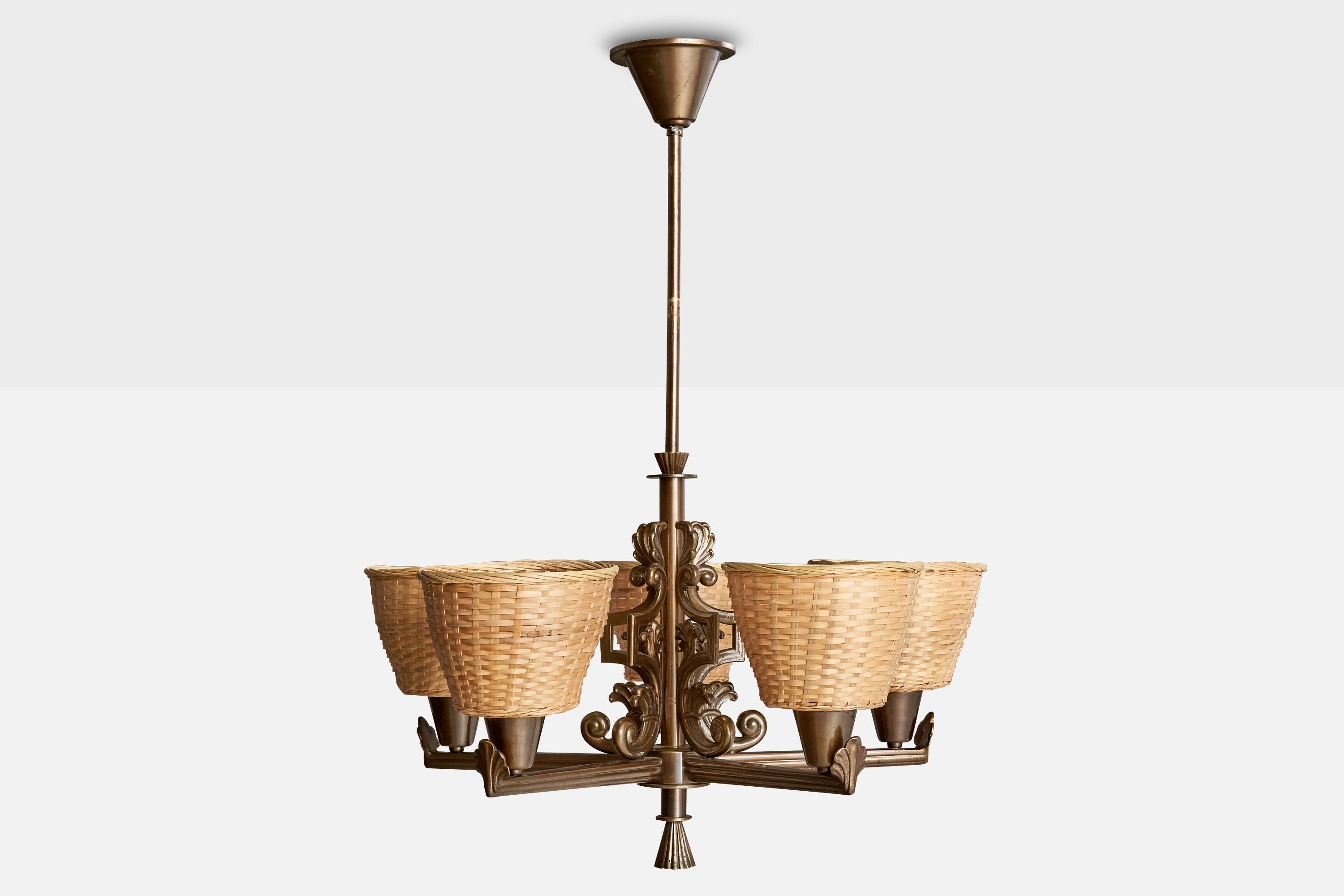 Bröderna Malmströms Metallvarufabrik, Kronleuchter, Messing, Rattan, Schweden, 1940er Jahre (Skandinavische Moderne) im Angebot