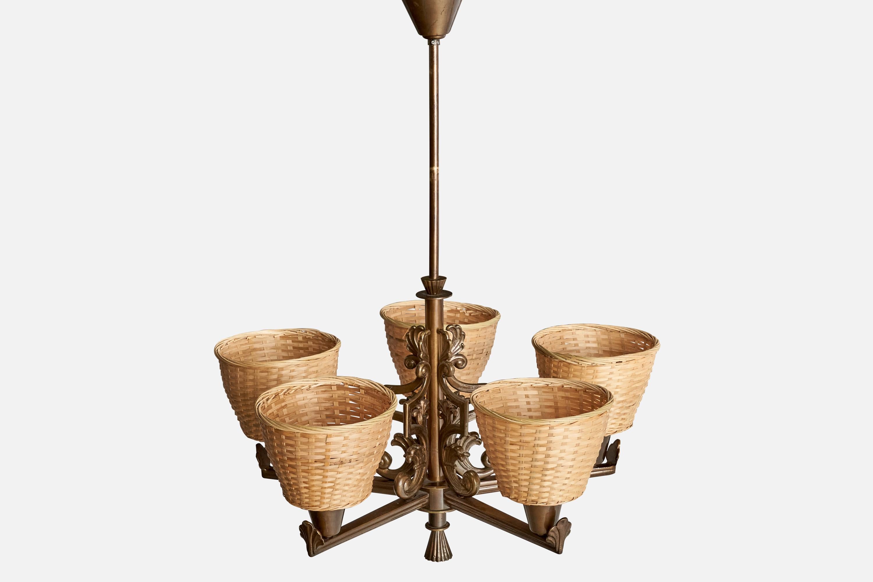 Bröderna Malmströms Metallvarufabrik, Kronleuchter, Messing, Rattan, Schweden, 1940er Jahre (Schwedisch) im Angebot
