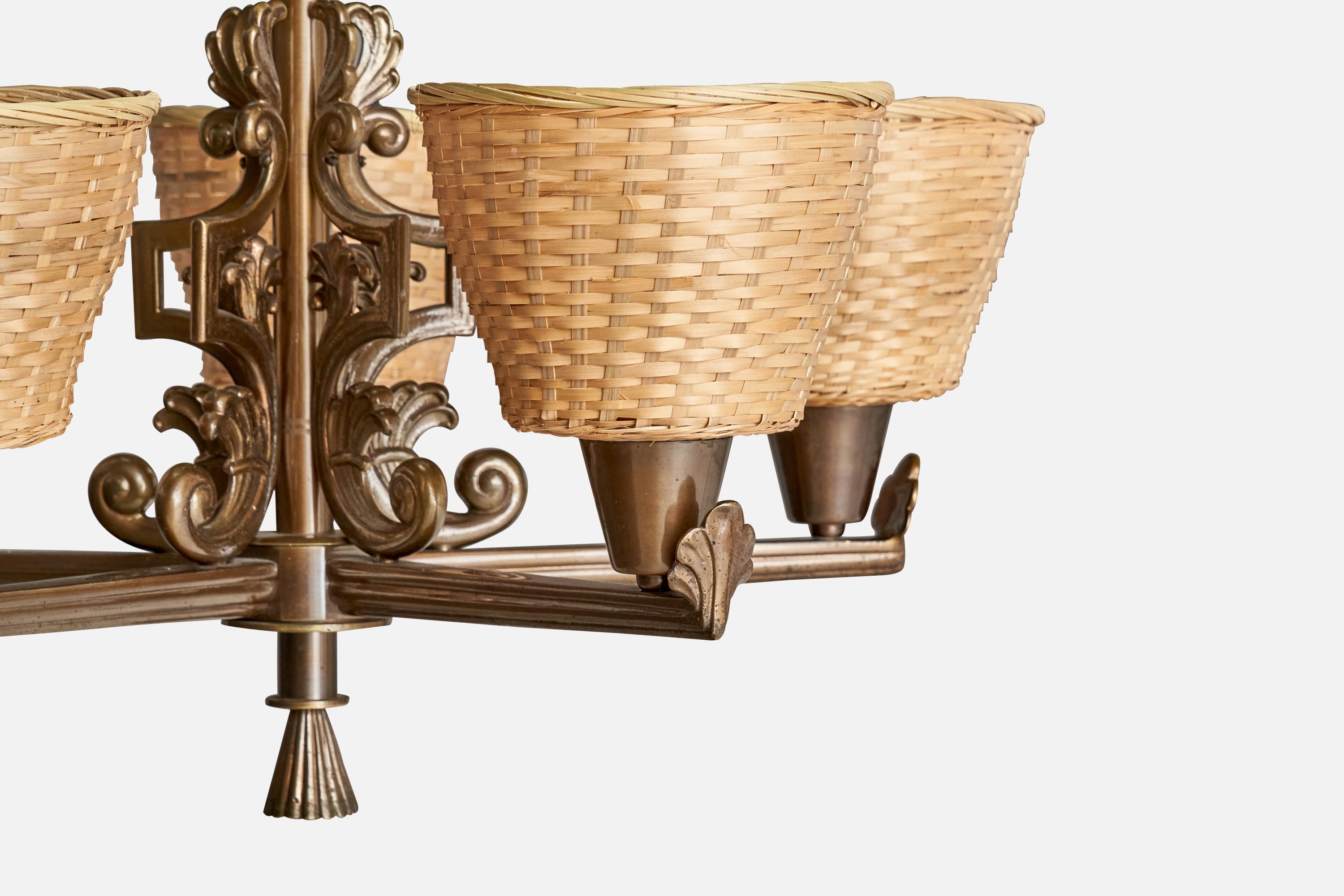 Bröderna Malmströms Metallvarufabrik, Kronleuchter, Messing, Rattan, Schweden, 1940er Jahre im Zustand „Gut“ im Angebot in High Point, NC