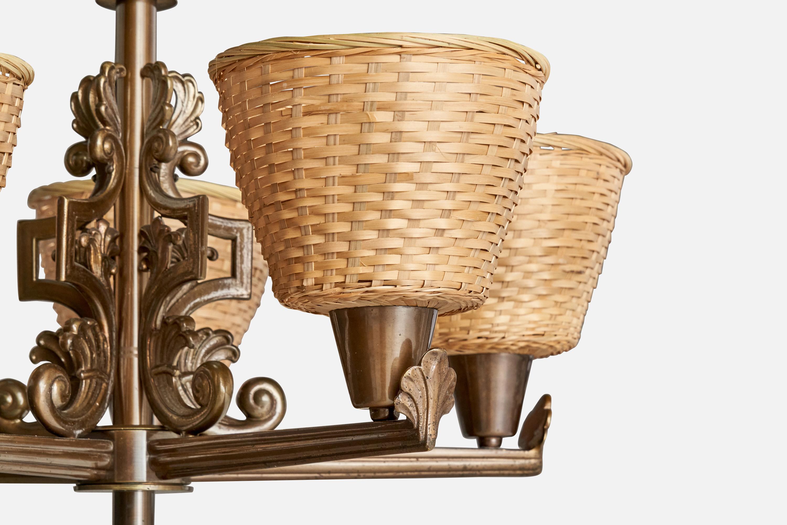 Bröderna Malmströms Metallvarufabrik, Kronleuchter, Messing, Rattan, Schweden, 1940er Jahre (Mitte des 20. Jahrhunderts) im Angebot