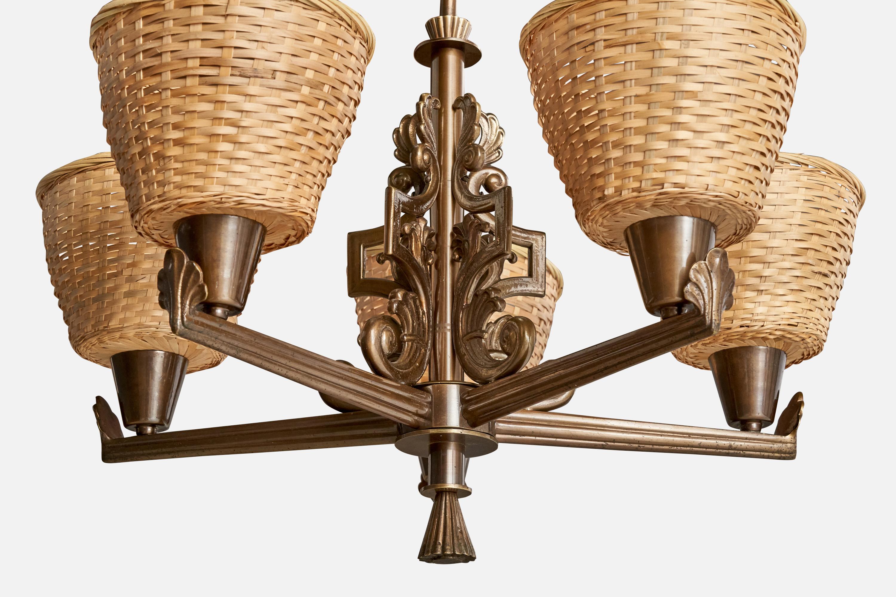 Bröderna Malmströms Metallvarufabrik, Kronleuchter, Messing, Rattan, Schweden, 1940er Jahre im Angebot 1