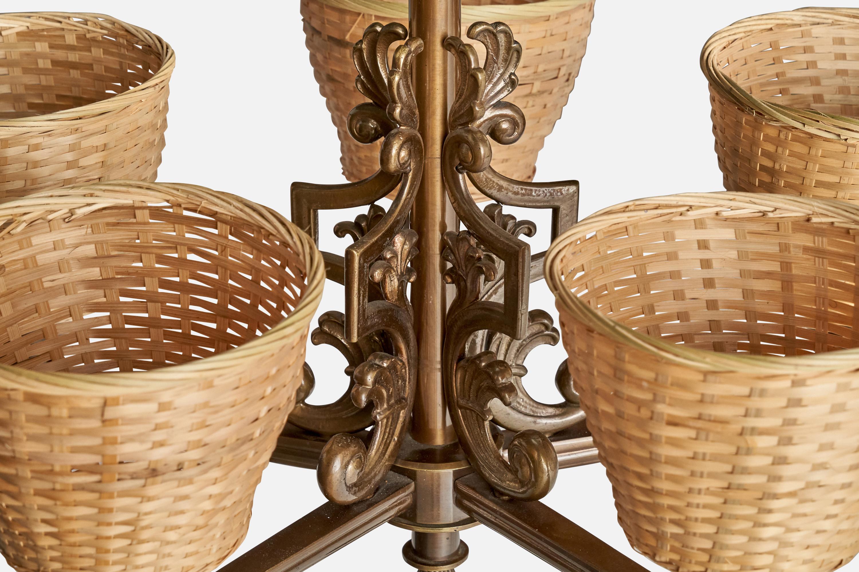 Bröderna Malmströms Metallvarufabrik, Kronleuchter, Messing, Rattan, Schweden, 1940er Jahre im Angebot 2