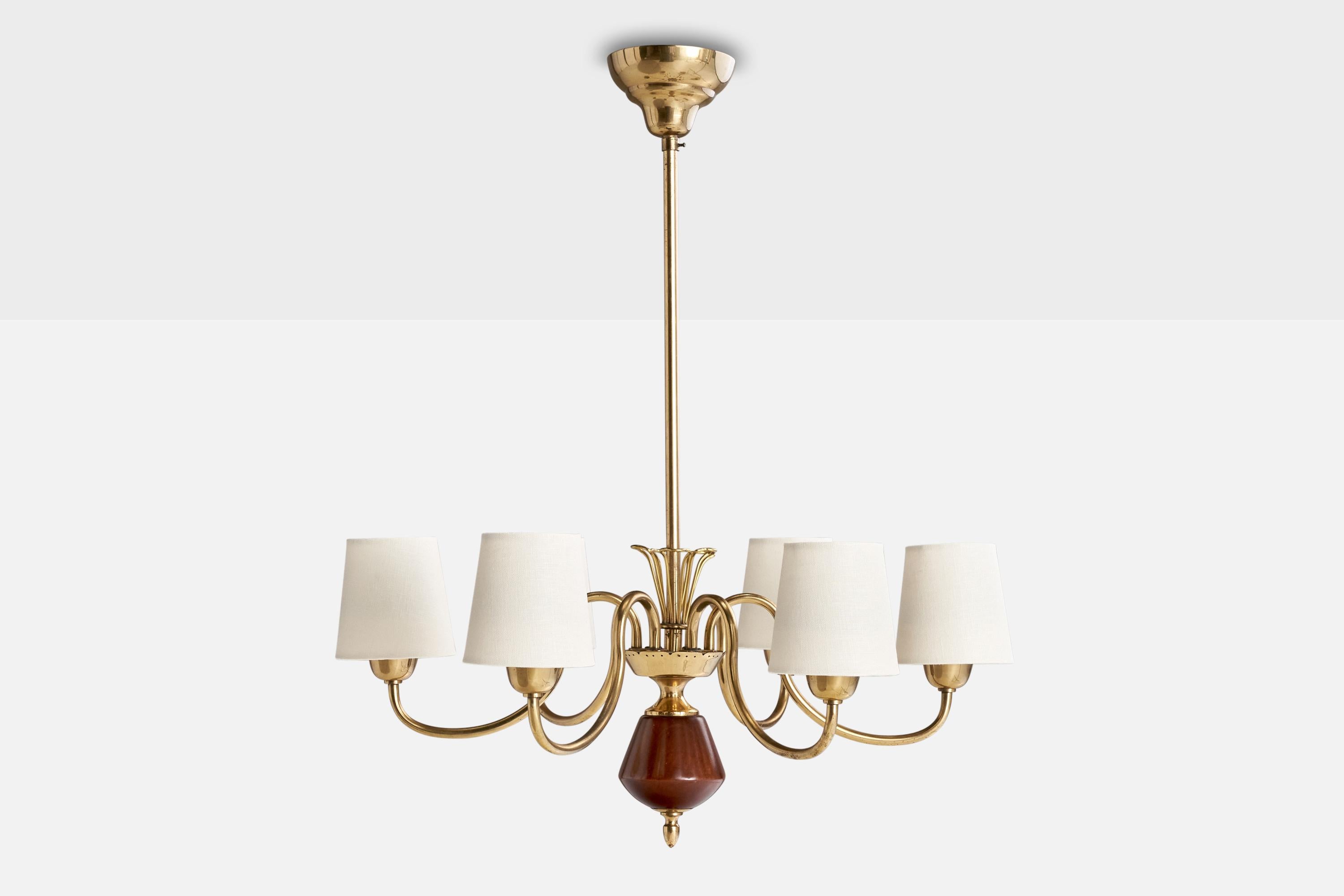 Scandinavian Modern Bröderna Malmströms Metallvarufabrik, Chandelier Brass Wood Fabric, Sweden 1950s