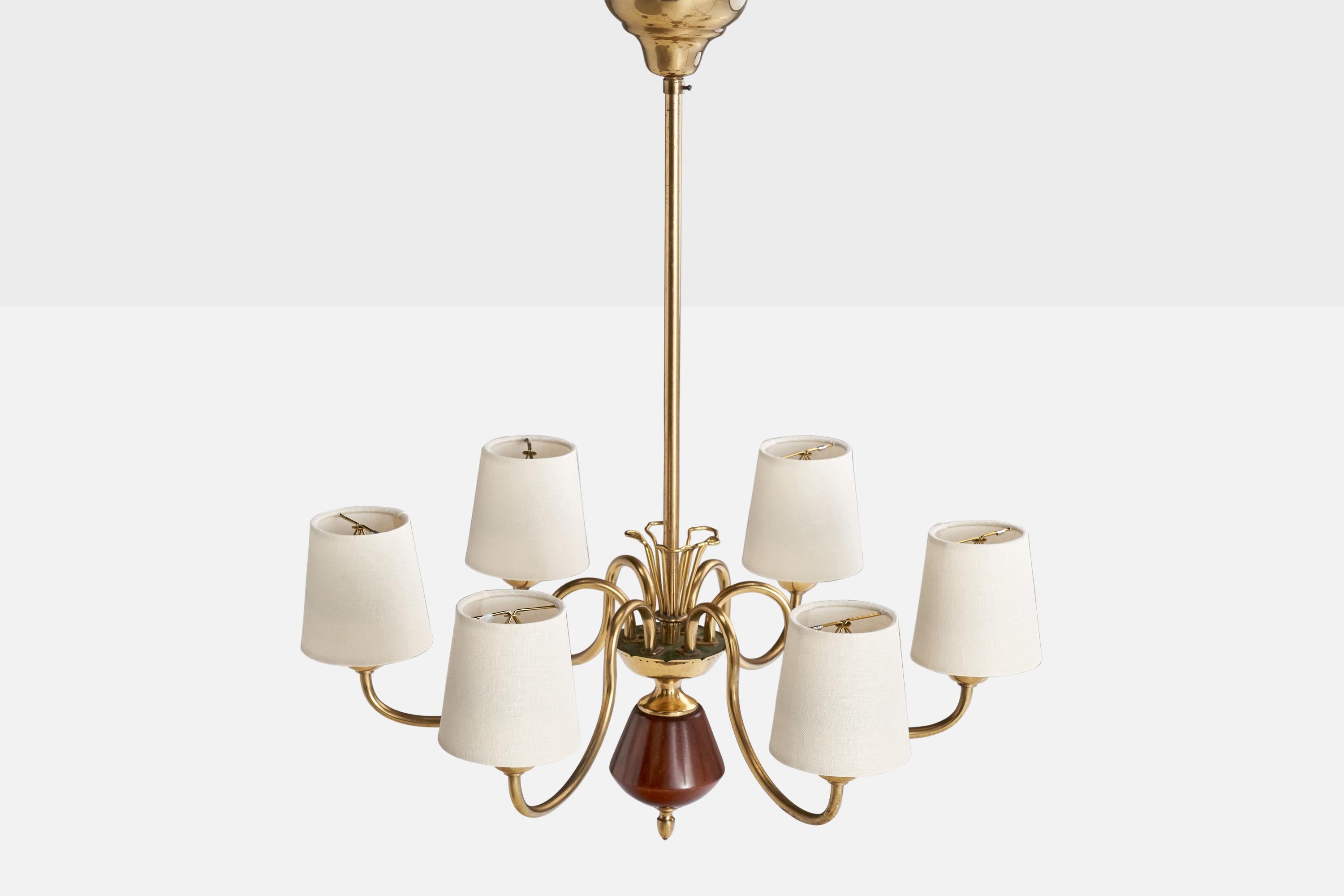 Swedish Bröderna Malmströms Metallvarufabrik, Chandelier Brass Wood Fabric, Sweden 1950s