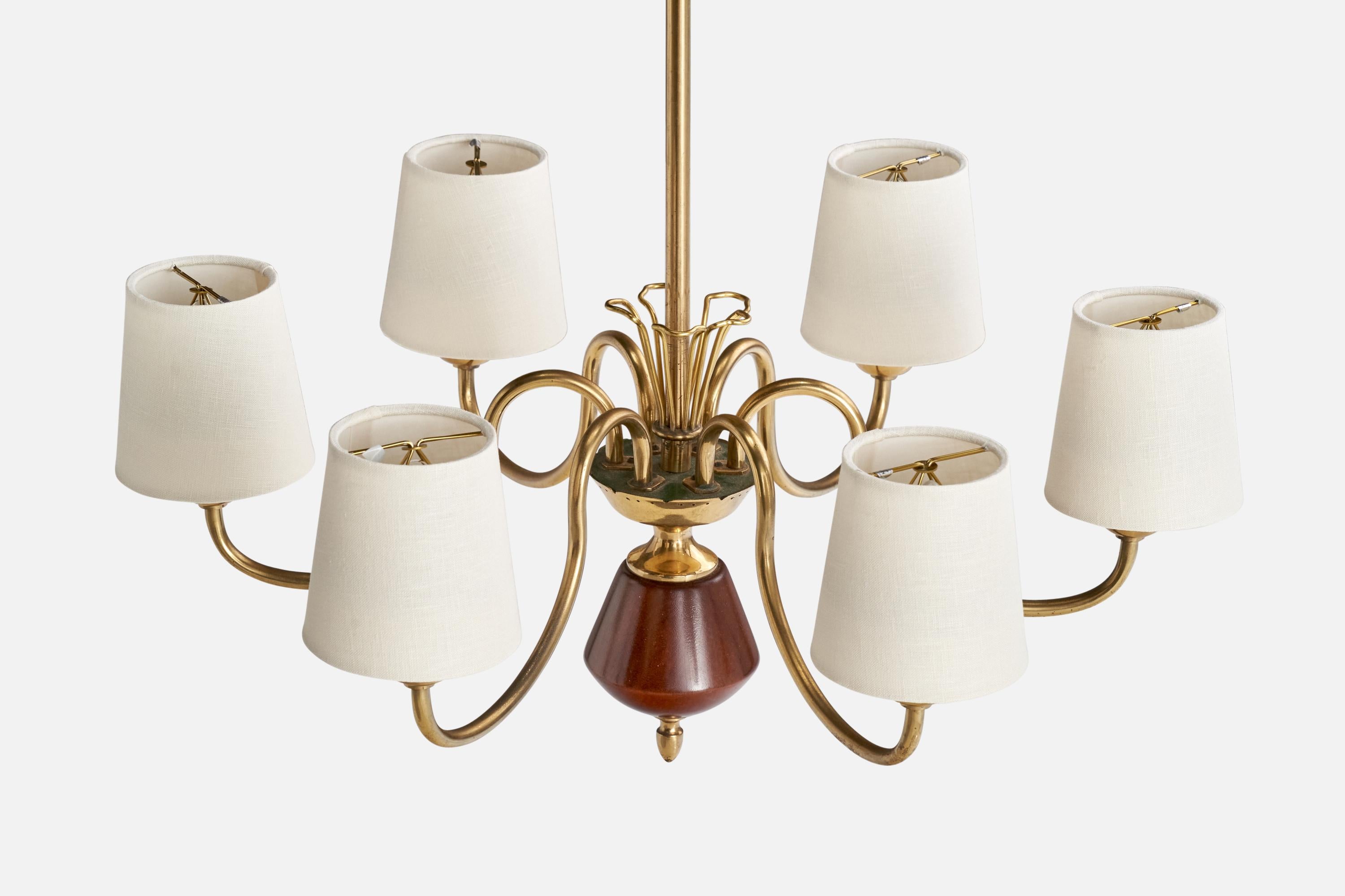 Bröderna Malmströms Metallvarufabrik, Chandelier Brass Wood Fabric, Sweden 1950s In Good Condition In High Point, NC