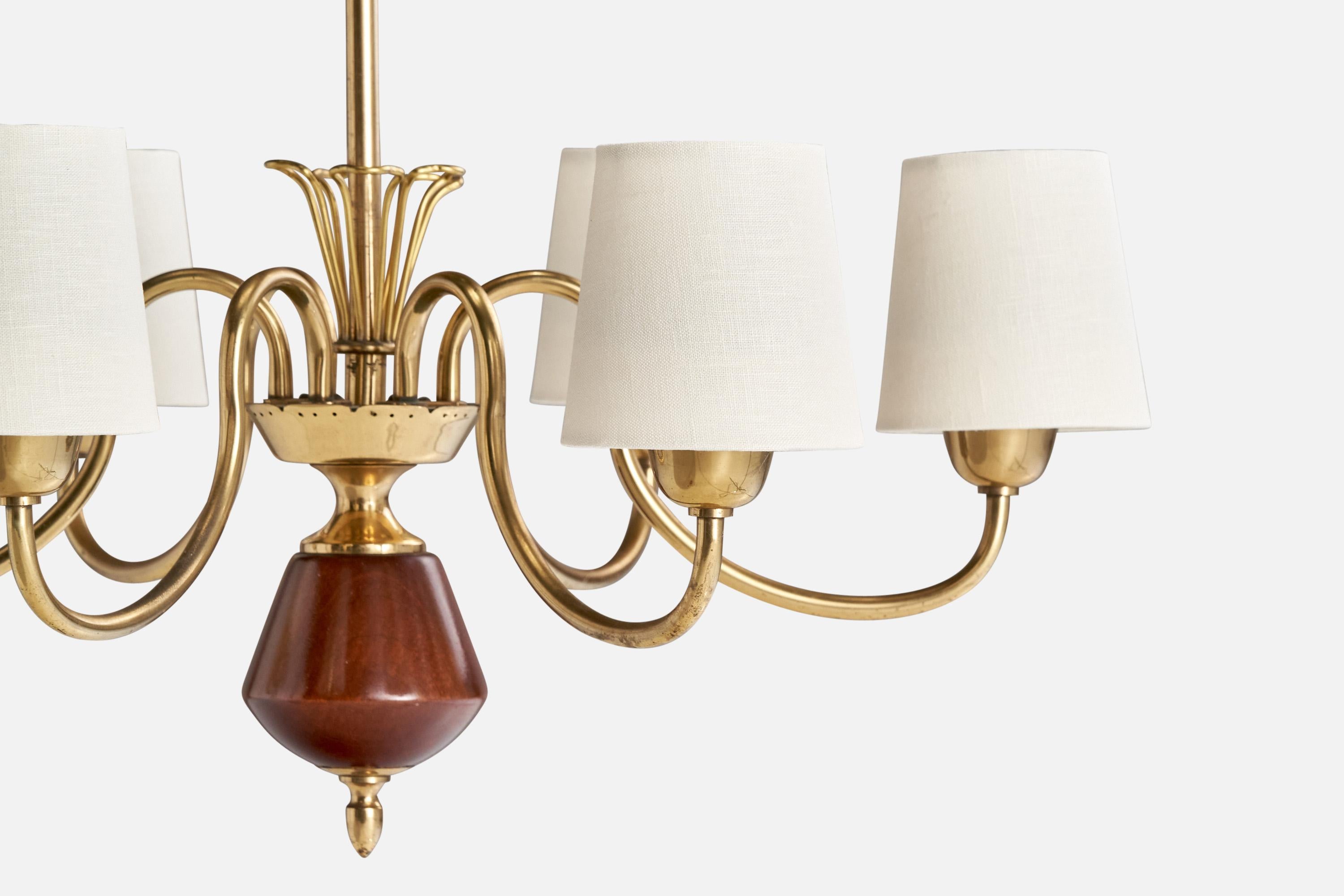Mid-20th Century Bröderna Malmströms Metallvarufabrik, Chandelier Brass Wood Fabric, Sweden 1950s