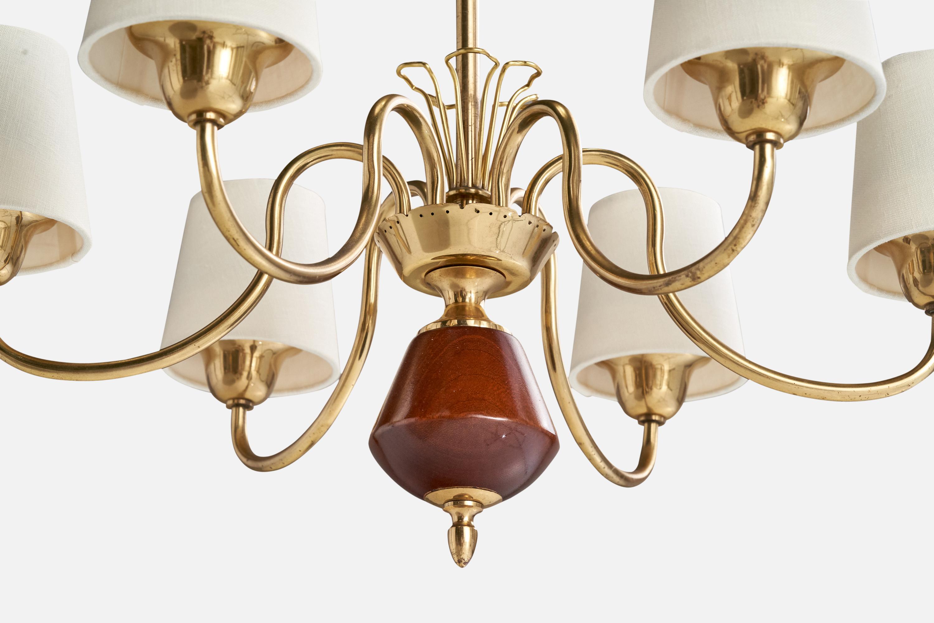Bröderna Malmströms Metallvarufabrik, Chandelier Brass Wood Fabric, Sweden 1950s 1