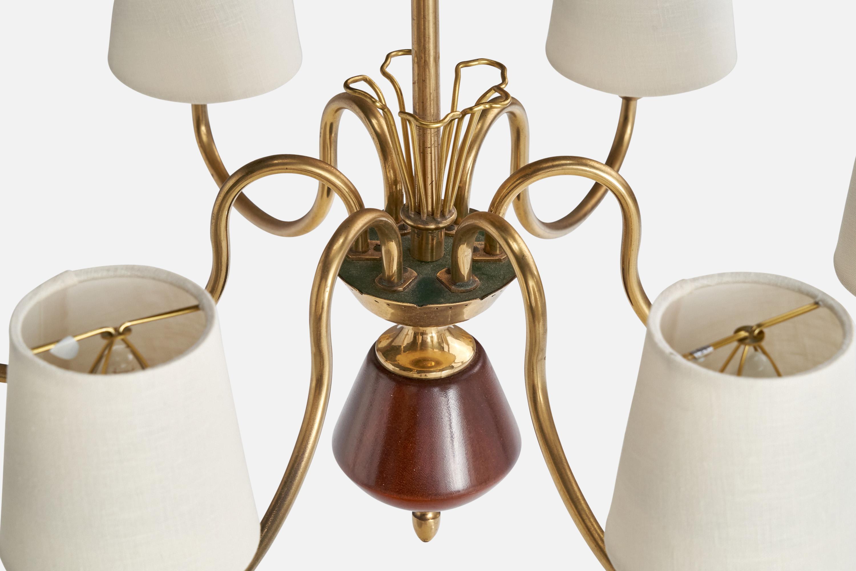 Bröderna Malmströms Metallvarufabrik, Chandelier Brass Wood Fabric, Sweden 1950s 2