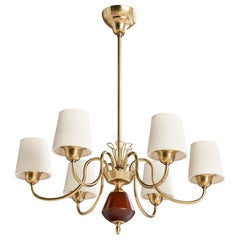 Bröderna Malmströms Metallvarufabrik, Chandelier Brass Wood Fabric, Sweden 1950s
