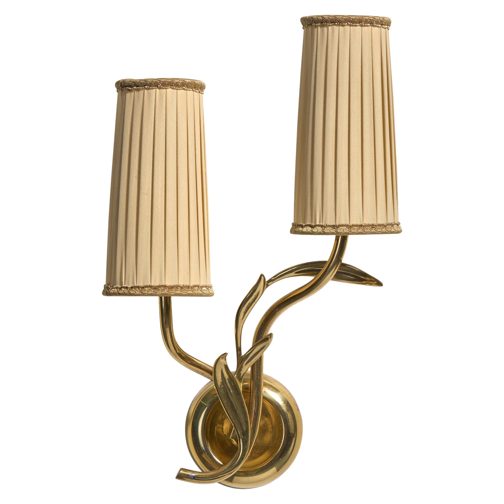 Bröderna Malmströms Metallvarufabrik, Wall Light, Brass, Fabric, Sweden, 1940s For Sale