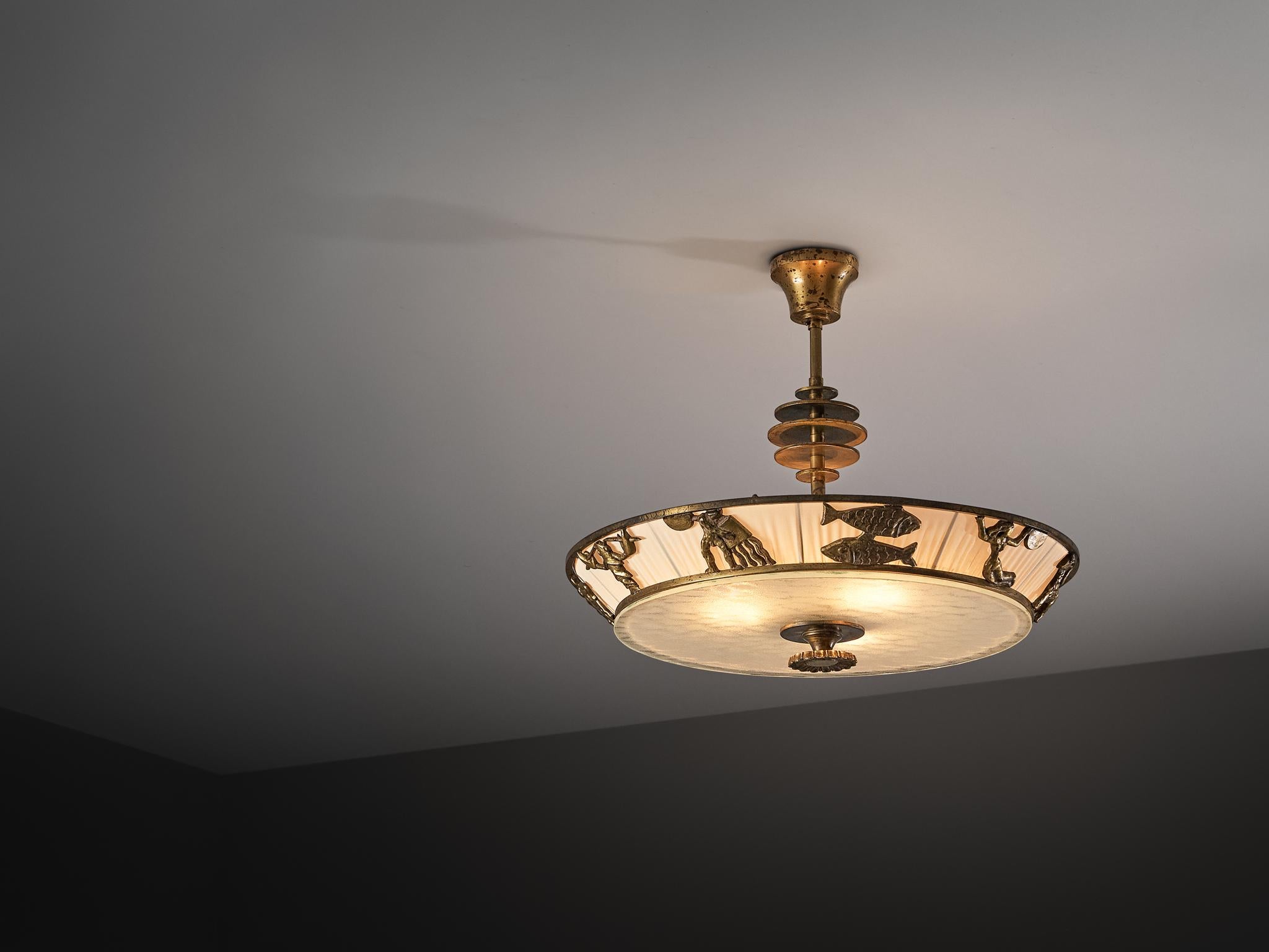 Bröderna Malmströms Metallvarufabrik, lustre, modèle '1566', laiton, verre, soie, Suède, années 1940

Cet élégant plafonnier est un exemple frappant du design suédois Art-Light, créé dans les années 1940 par le célèbre fabricant Bröderna Malmströms.