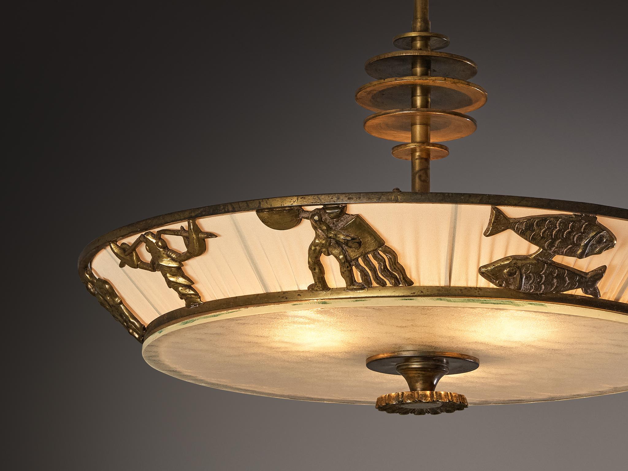 Scandinavo moderno Bröderna Malmströms Swedish Modern Chandelier with Brass Zodiac Figures in vendita