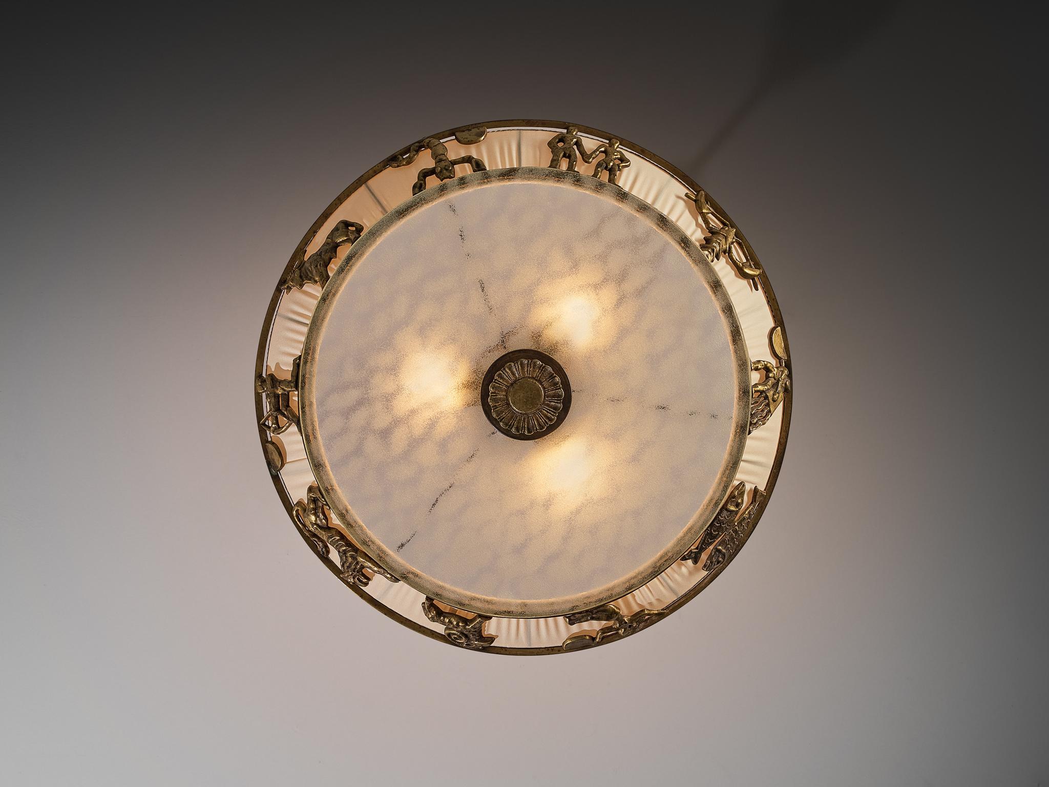 Suédois Bröderna Malmströms Swedish Modern Chandelier with Brass Zodiac Figures en vente