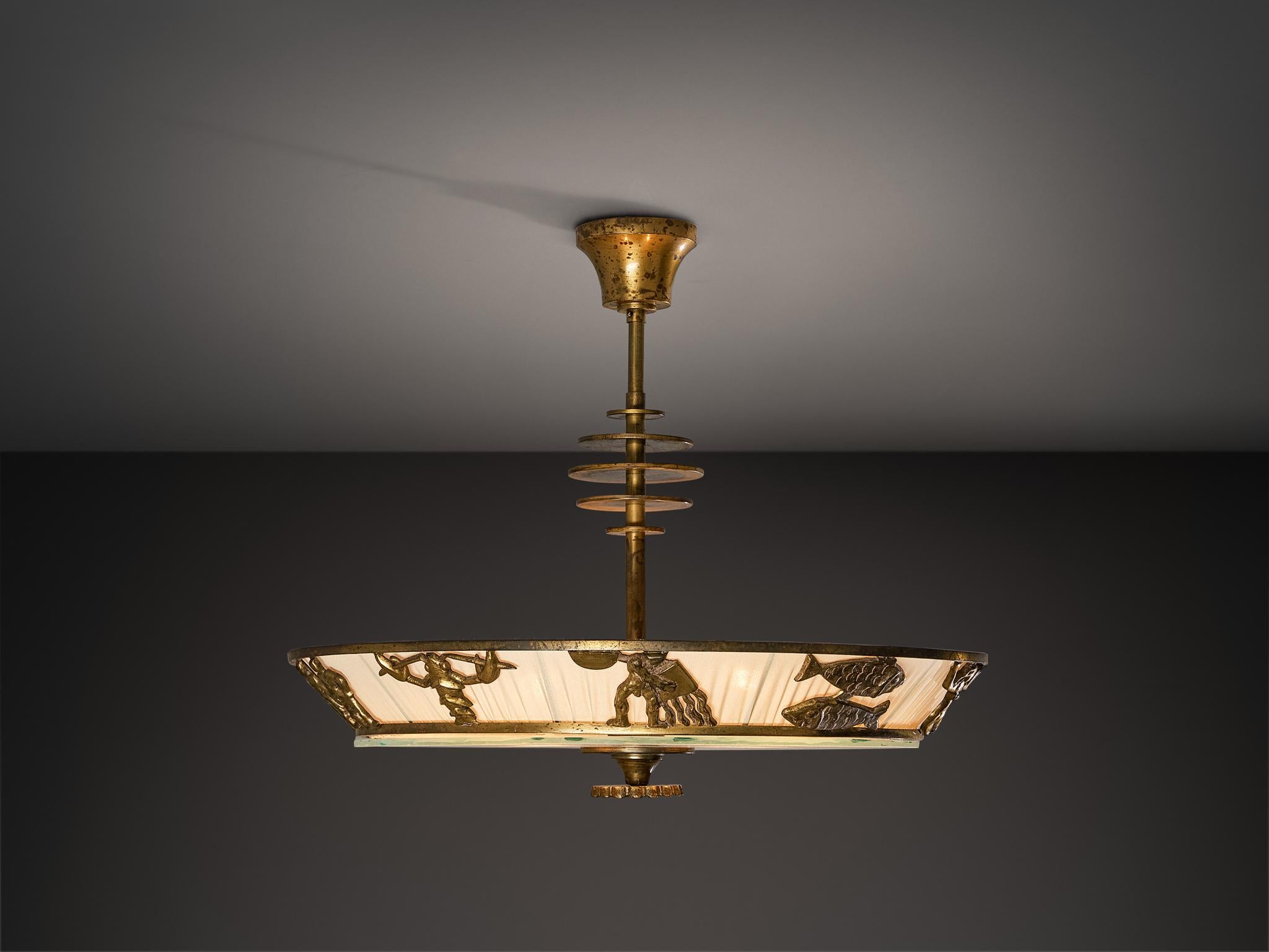 Bröderna Malmströms Swedish Modern Chandelier with Brass Zodiac Figures In condizioni buone in vendita a Waalwijk, NL