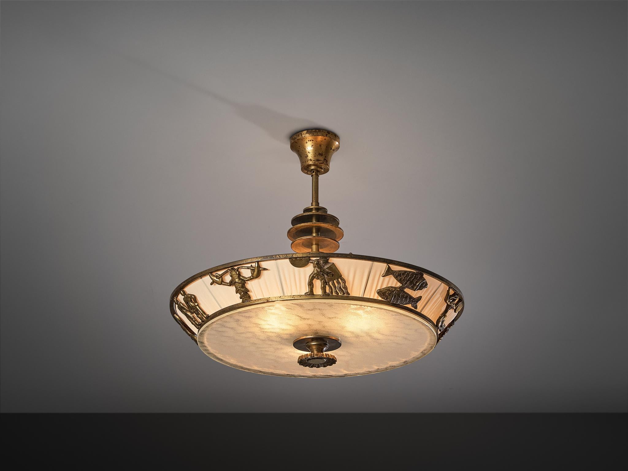 Bröderna Malmströms Swedish Modern Chandelier with Brass Zodiac Figures en vente 1