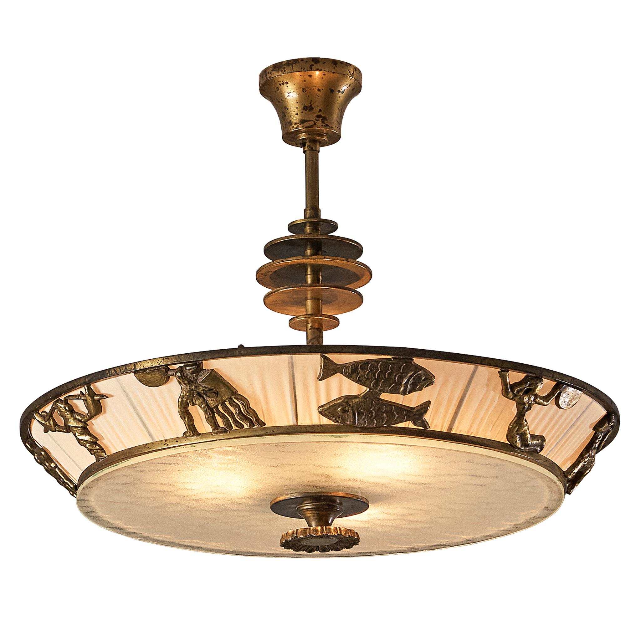 Bröderna Malmströms Swedish Modern Chandelier with Brass Zodiac Figures in vendita