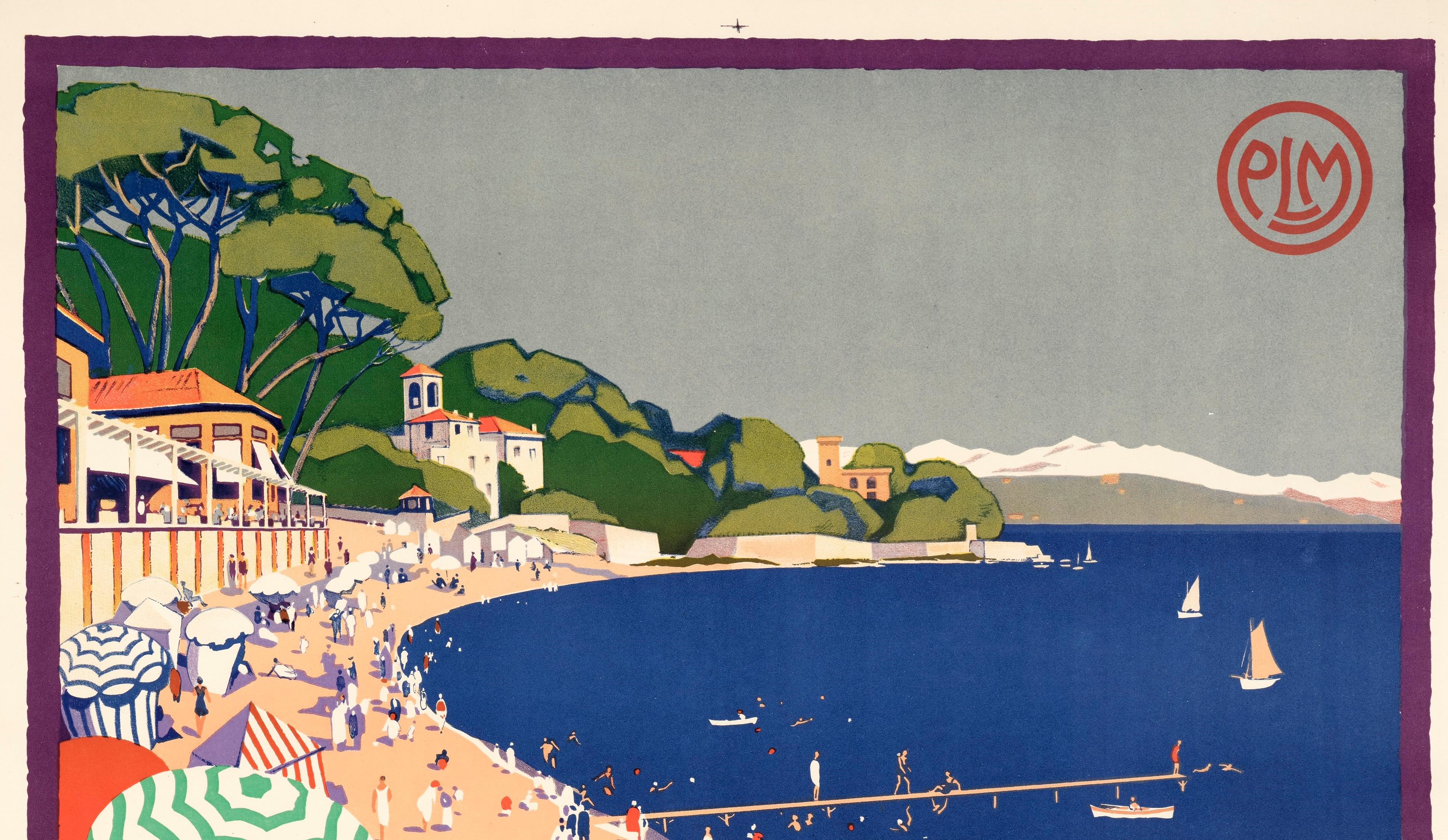 P.L.M. poster created by Roger Broders in 1928 to promote tourism on the French Riviera, particularly in Antibes and on the beach of Juan-Les-Pins.

Artist: Roger Broders (1883-1953)
Title: Antibes, sa plage de Juan les Pins, son Cap, station d’été