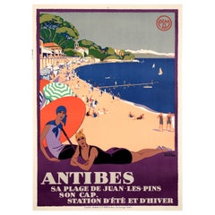 Broders, Poster originale Art Deco, Antibes, Costa Azzurra, Spiaggia, PLM, 1928