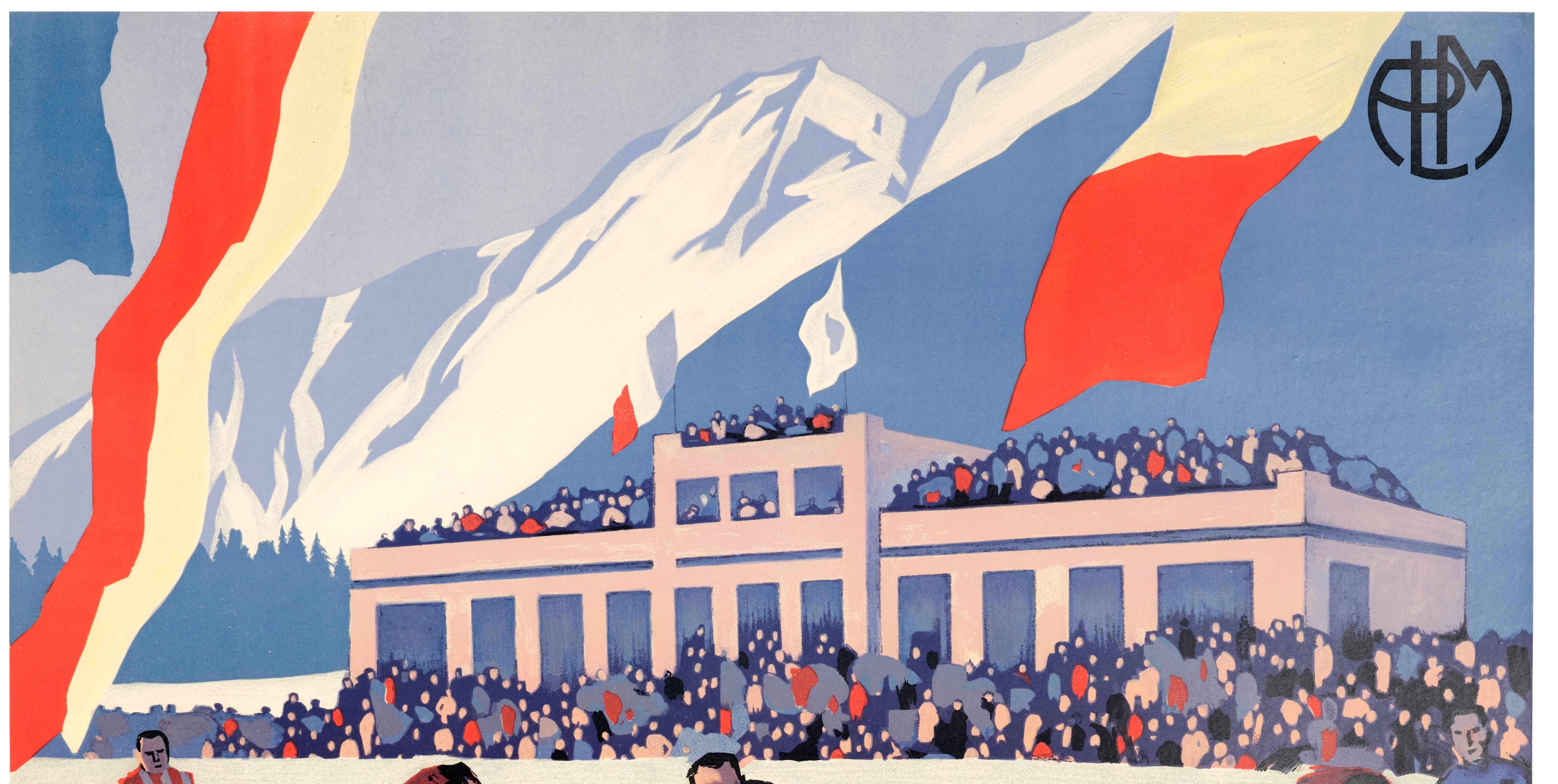 Affiche du P.L.A. réalisée par Roger Broders en 1930 pour le championnat du monde de hockey sur glace à Chamonix (Alpes).

Artistics : Roger Broders (1883-1953)
Titre : Chamonix - Mont-Blanc - Tous les sports d'hiver
Date : 1930
Taille : 24.8 x 39.8