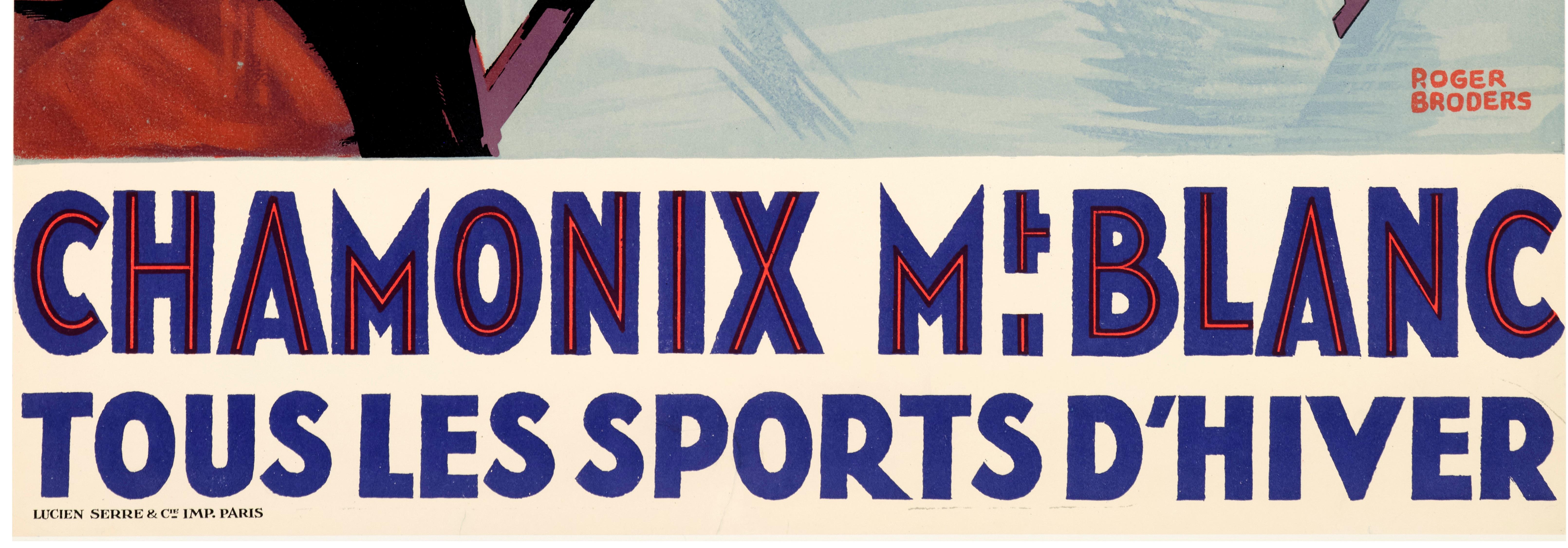 Mid-20th Century Broders, Original Art Deco Poster, Chamonix, Mont Blanc, Hockey, Skiing, 1930 For Sale