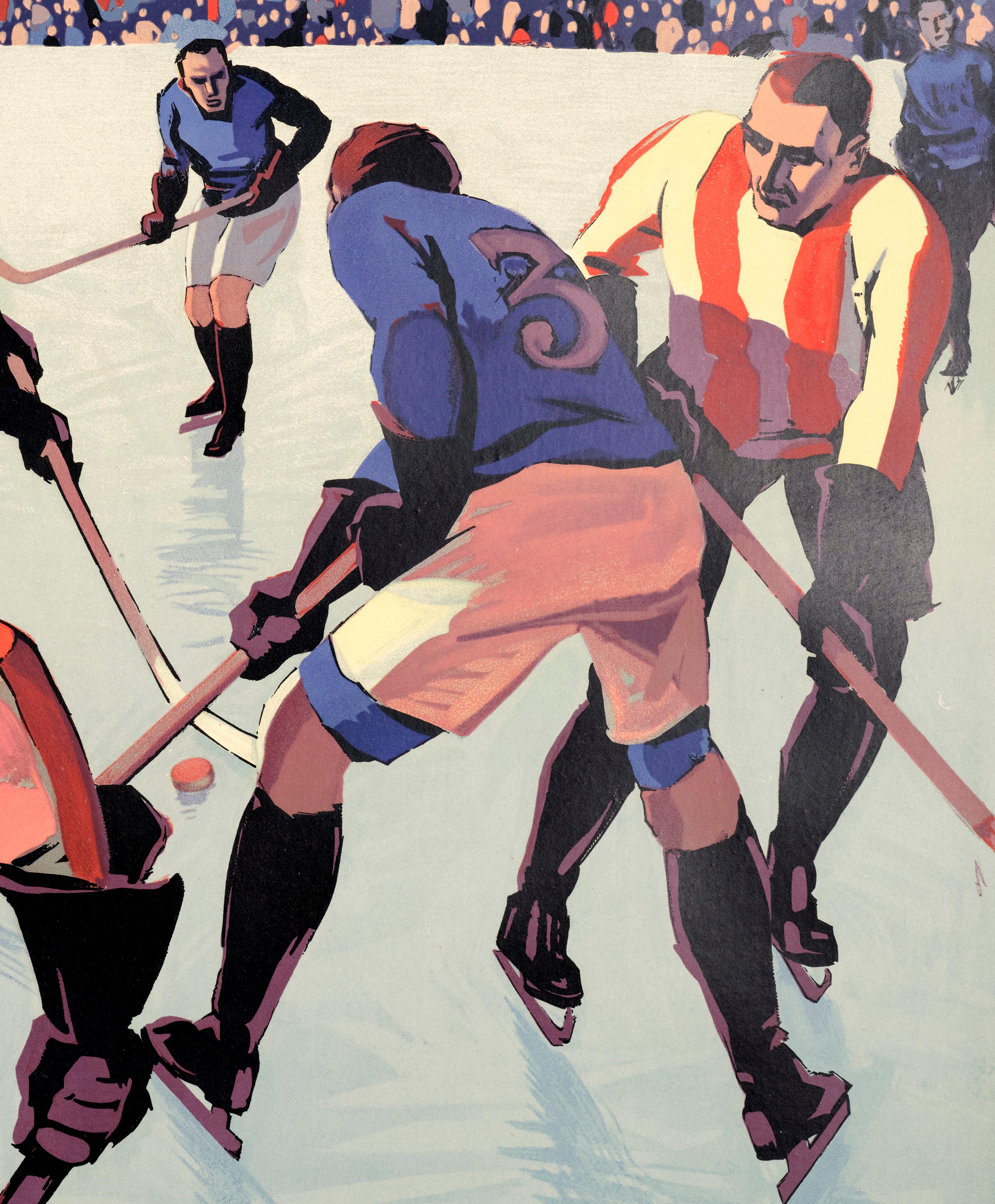 Paper Broders, Original Art Deco Poster, Chamonix, Mont Blanc, Hockey, Skiing, 1930 For Sale