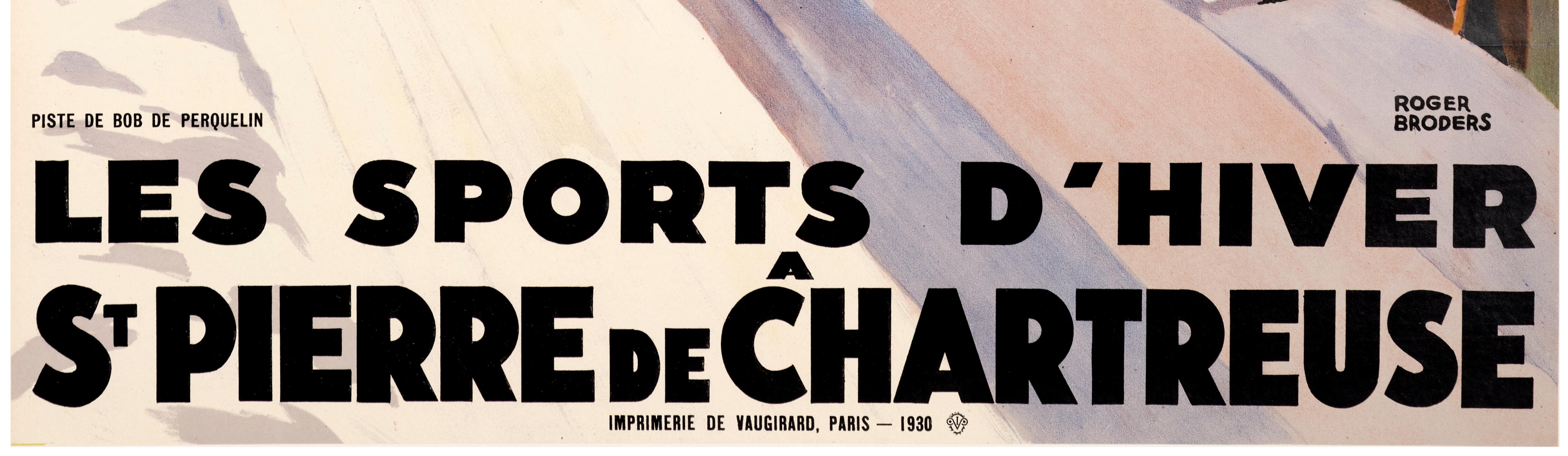 P.L.M. poster created by Roger Broders in 1930 to promote winter sports in St Pierre de Chartreuse in the Alps.

Artist: Roger Broders (1883-1953)
Title: Les Sports d’Hiver à St Pierre de Chartreuse 
Date: 1930
Size: 24.8 x 39.8 in / 63 x 101