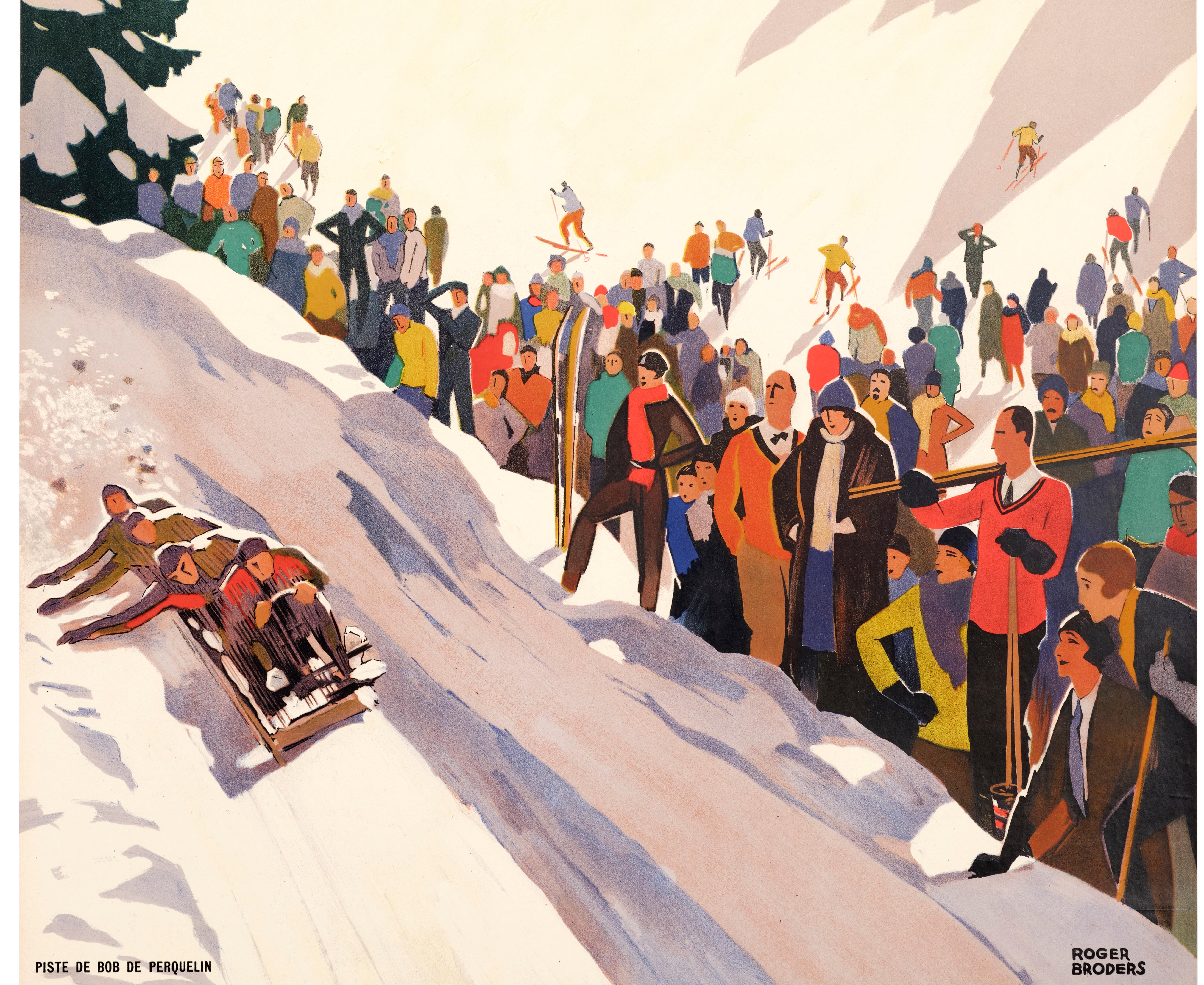 Mid-20th Century Broders, Original Art Deco Poster, Winter Sports, Bobsleigh Skiing Art Deco 1930 For Sale