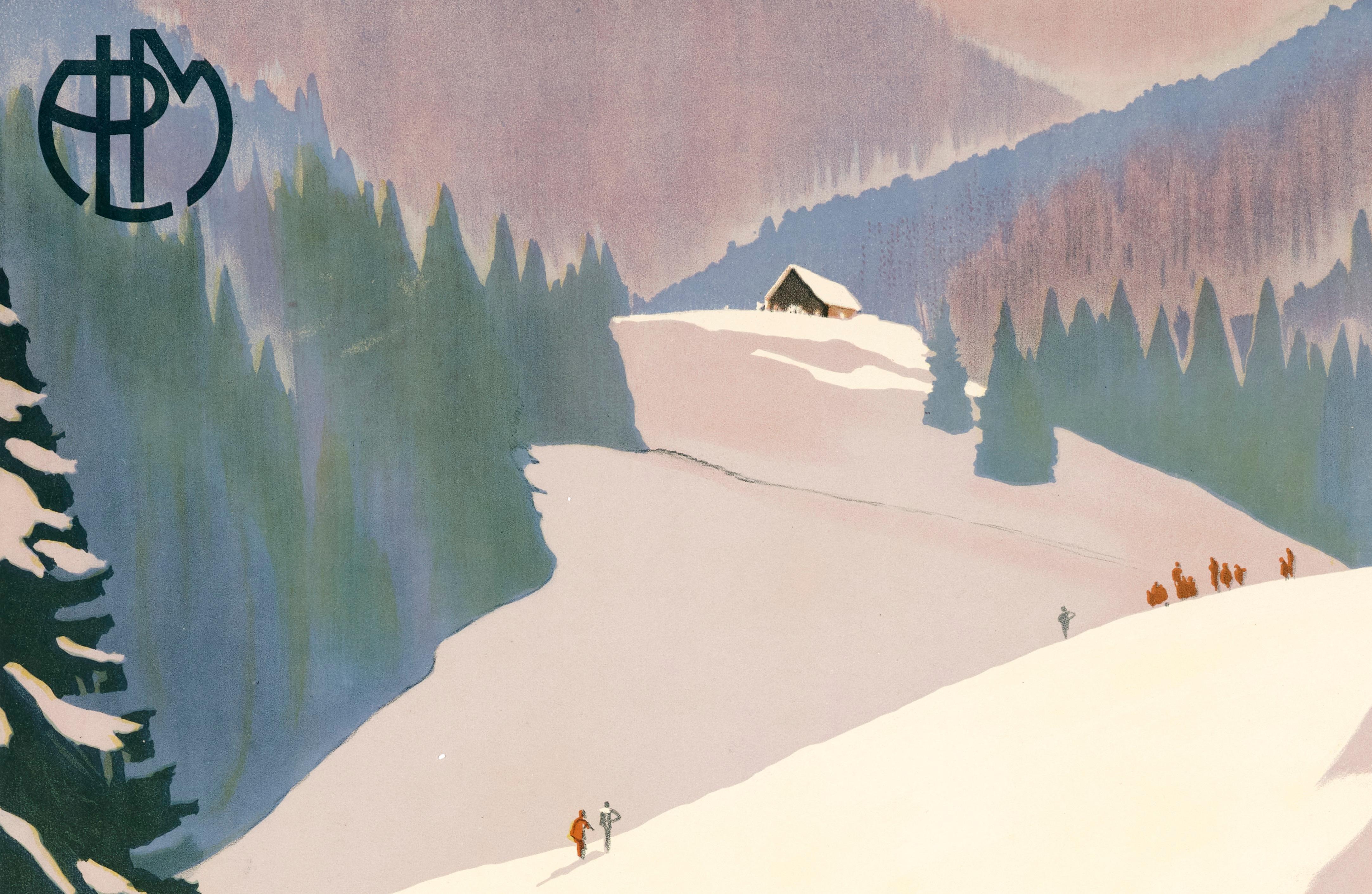 Papier Broders, affiche Art déco originale, Sports d'hiver, Skiing Art déco 1930 en vente