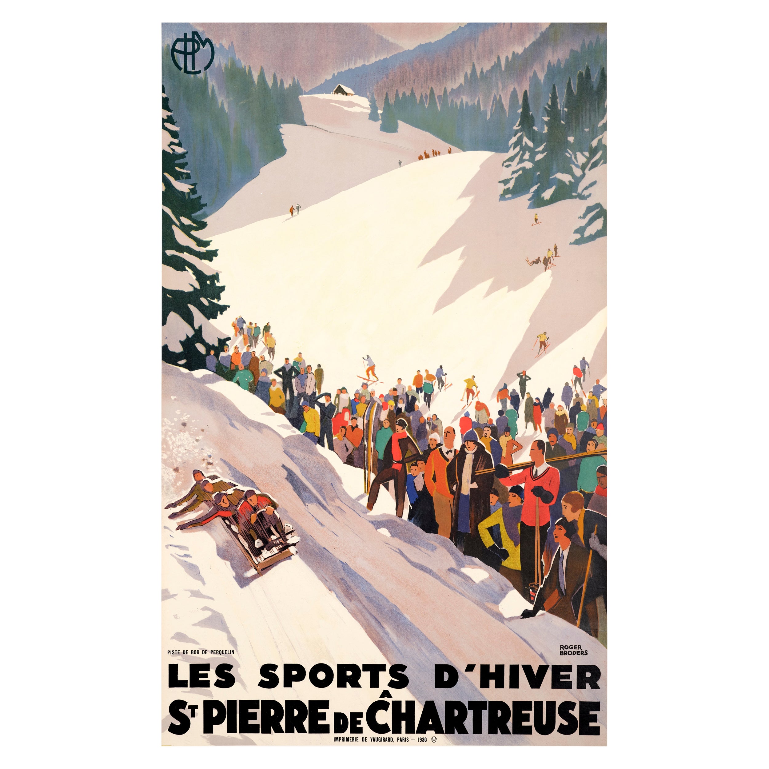 Broders, Original Art-Déco-Poster, Wintersport, Bobsleigh-Skifahren, Art déco, 1930 im Angebot