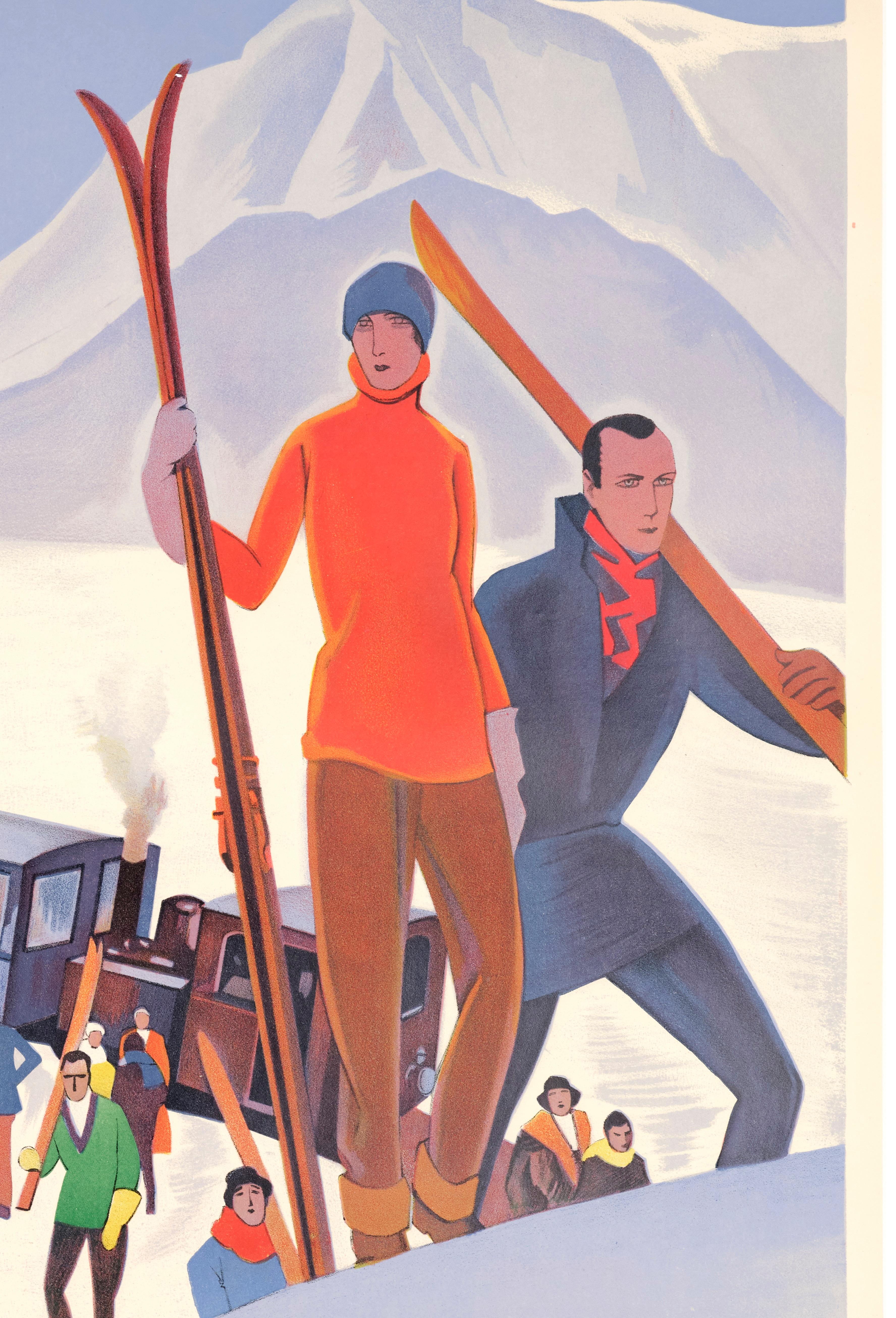 Early 20th Century Broders, Original Art Deco Poster, Winter Sports, Voza Pass Skiing Mountain 1929 For Sale