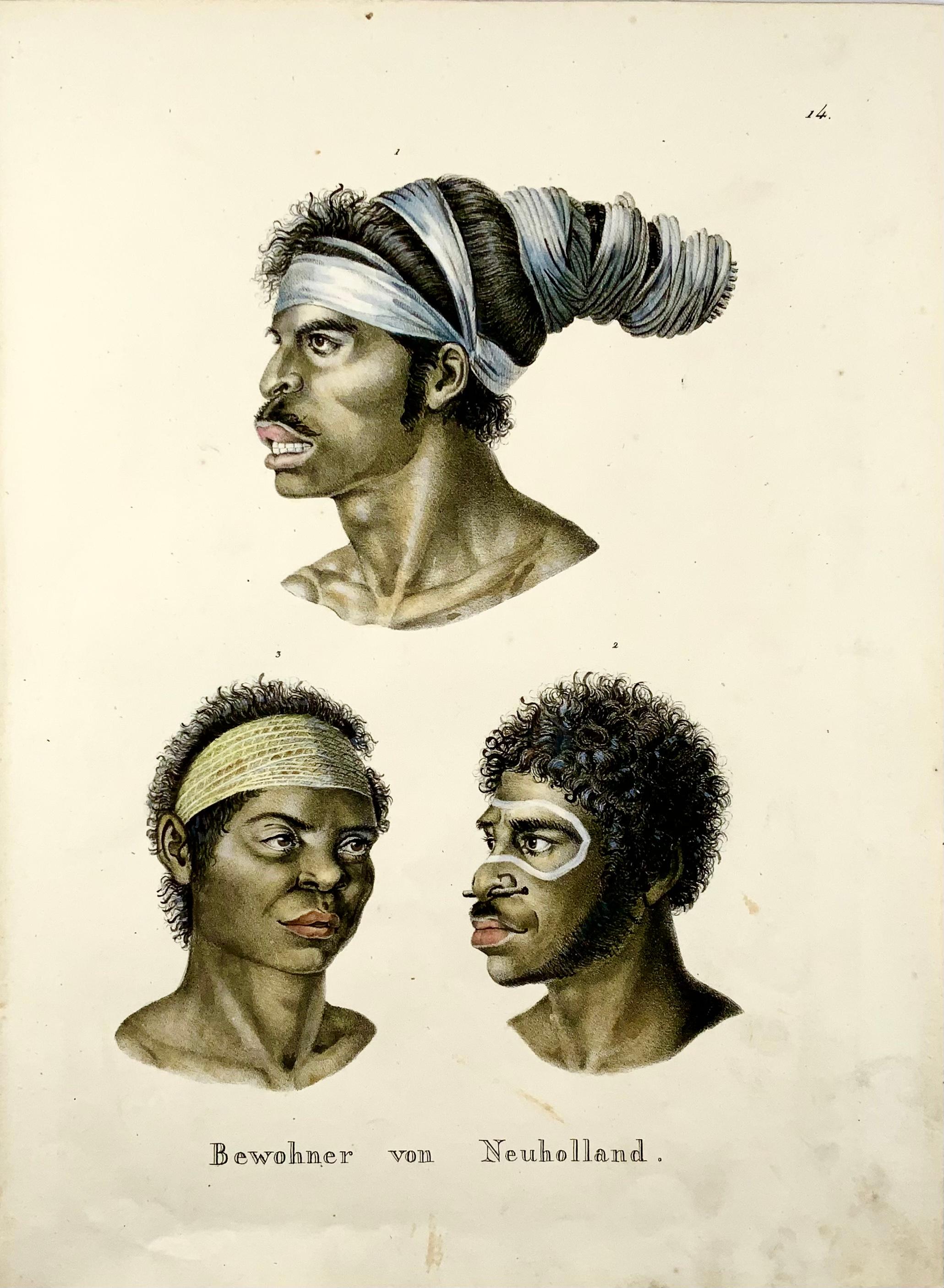 Portraits of Australian aborigines based on Nicholas Petit’s engravings issued in the Baudin voyage account.

1. Top: Aboriginal man with his hair wrapped in paperbark strips told the French artist Nicolas-Martin Petit who was sketching him that
