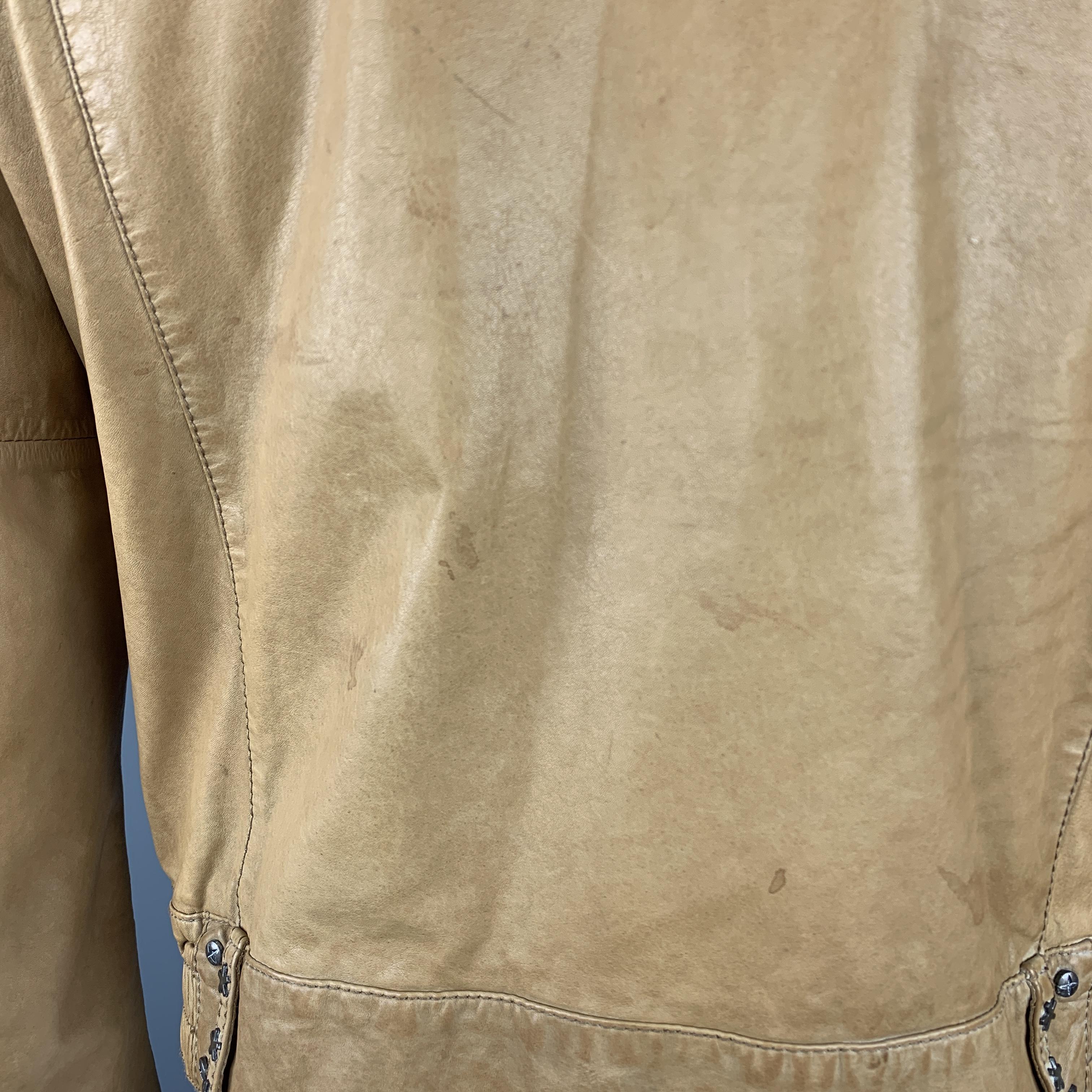BROGDEN M Tan Distressed Leather Motorcycle Jacket In Good Condition In San Francisco, CA