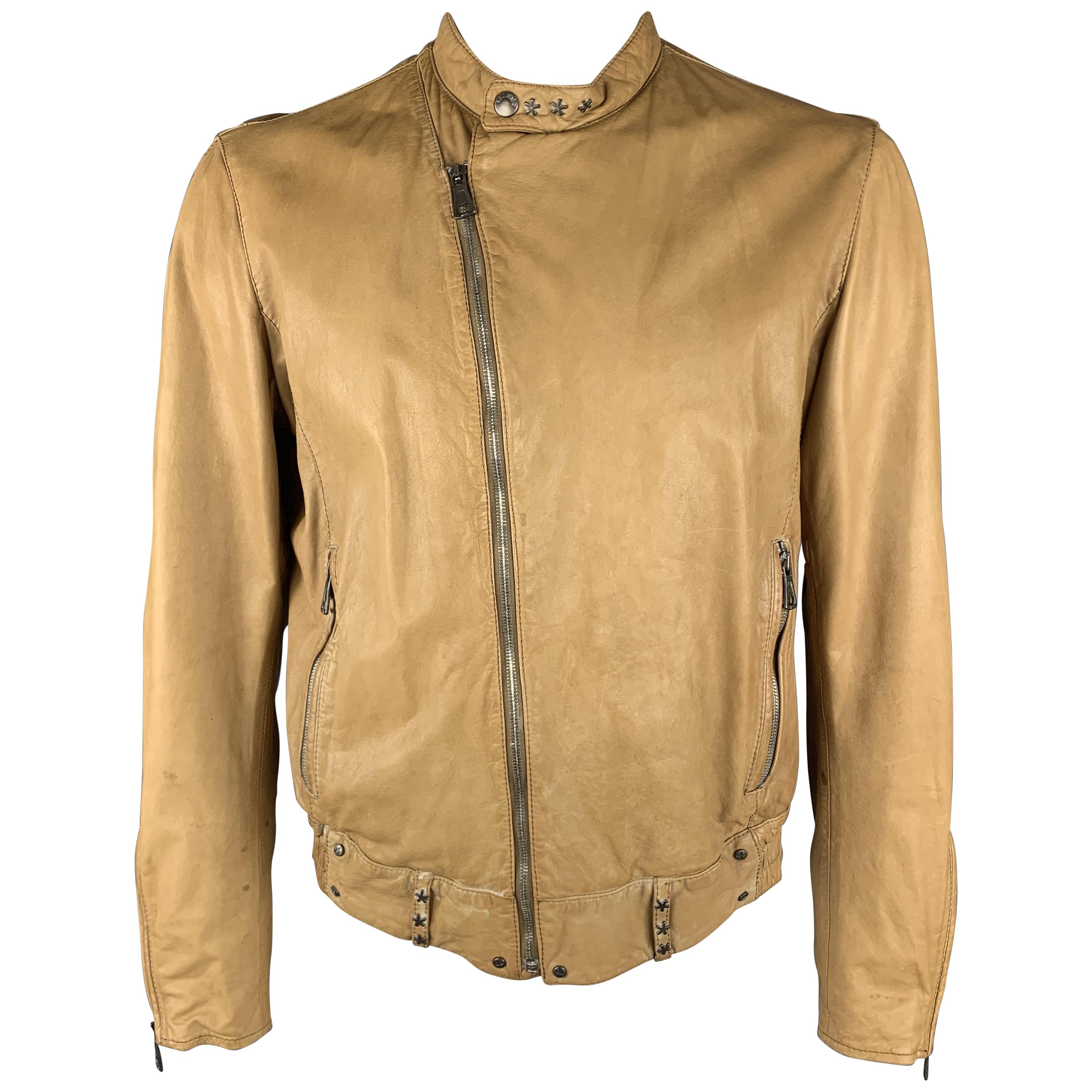 BROGDEN M Tan Distressed Leather Motorcycle Jacket