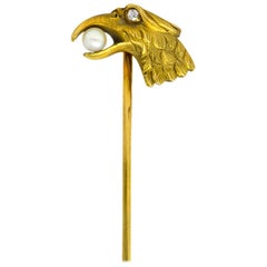 Brokaw & Son Art Nouveau Pearl Diamond 14 Karat Gold Stickpin