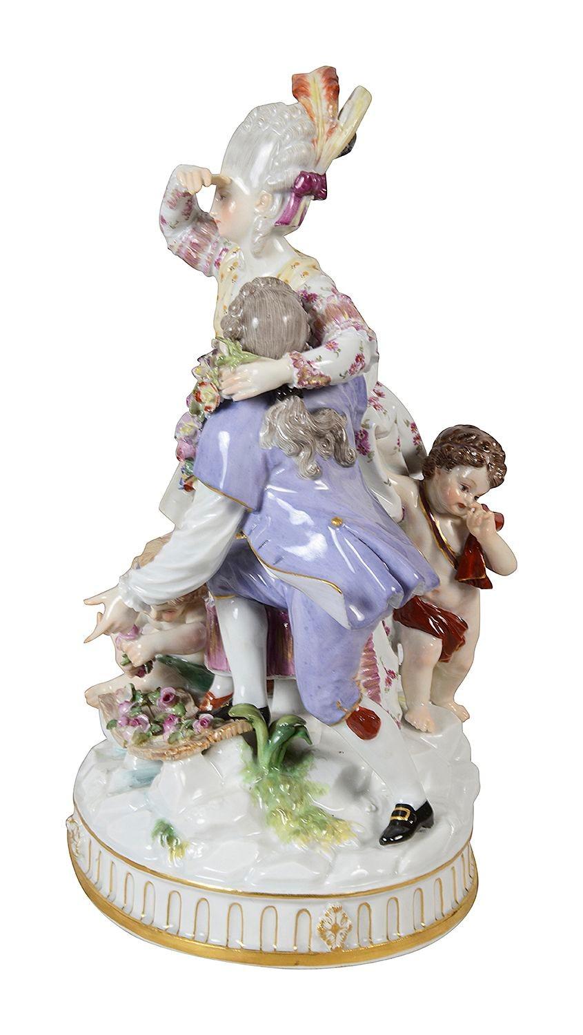 An enchanting 19th Century Meissen porcelain group depicting 'The Broken Bridge' having wonderful bold colours, the lovers attempting to cross the bridge, with a cherub at their feet.
Blue crossed swords signed to the base.


Batch 77 62746 HNYK