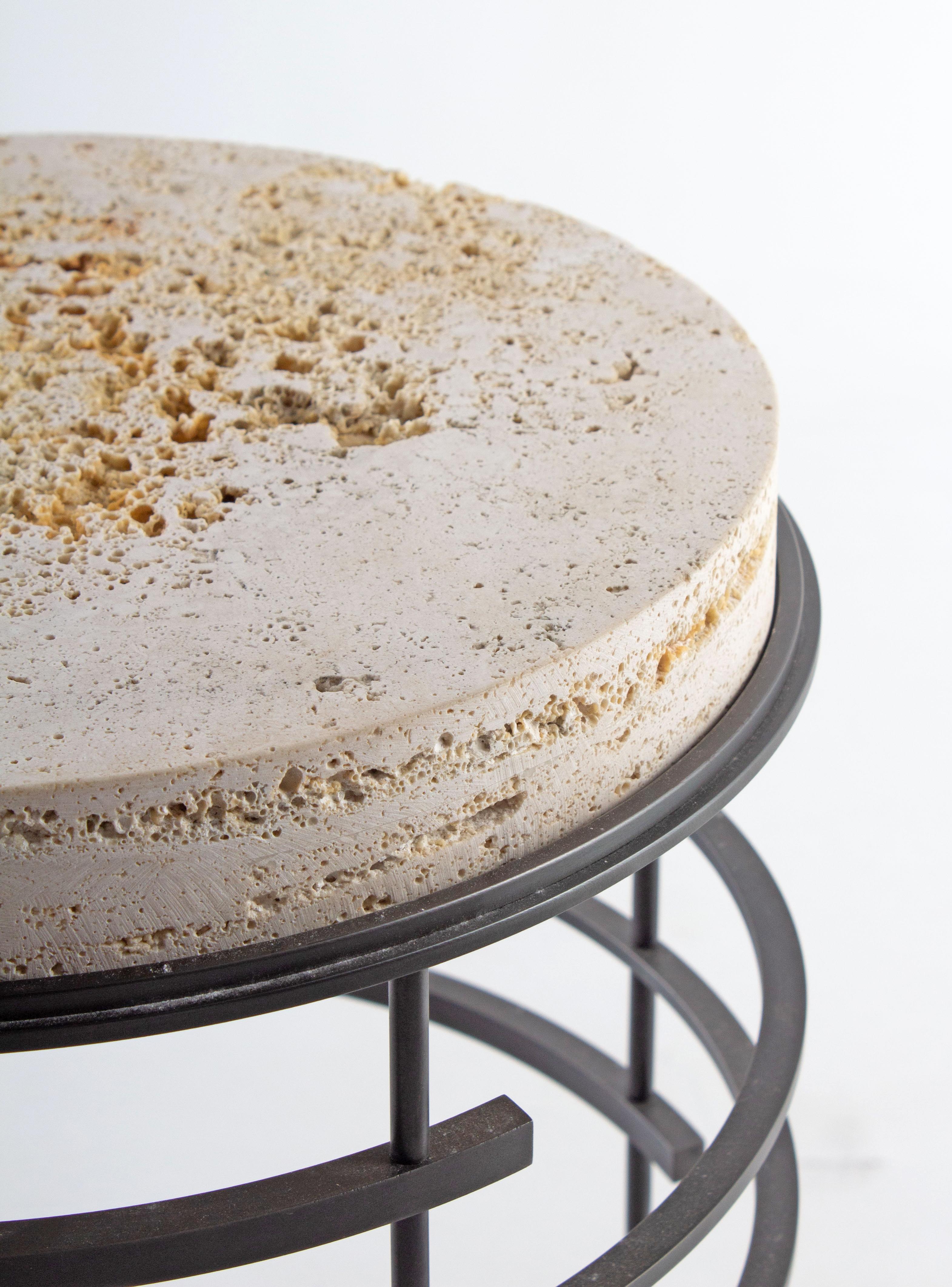 Modern Broken Circle Design Steel End Table with Open Face Travertine Top For Sale
