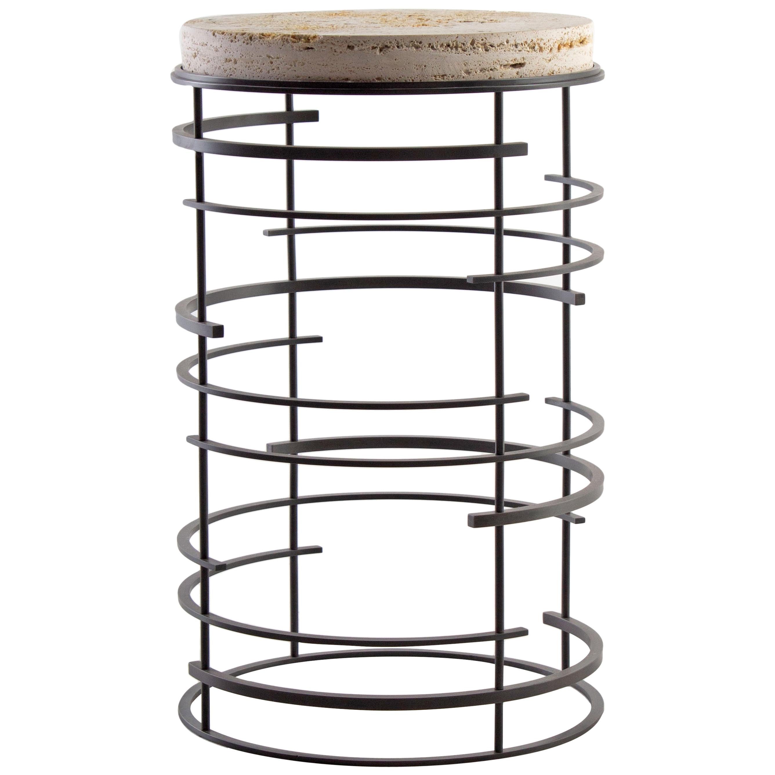 Broken Circle Design Steel End Table with Open Face Travertine Top For Sale