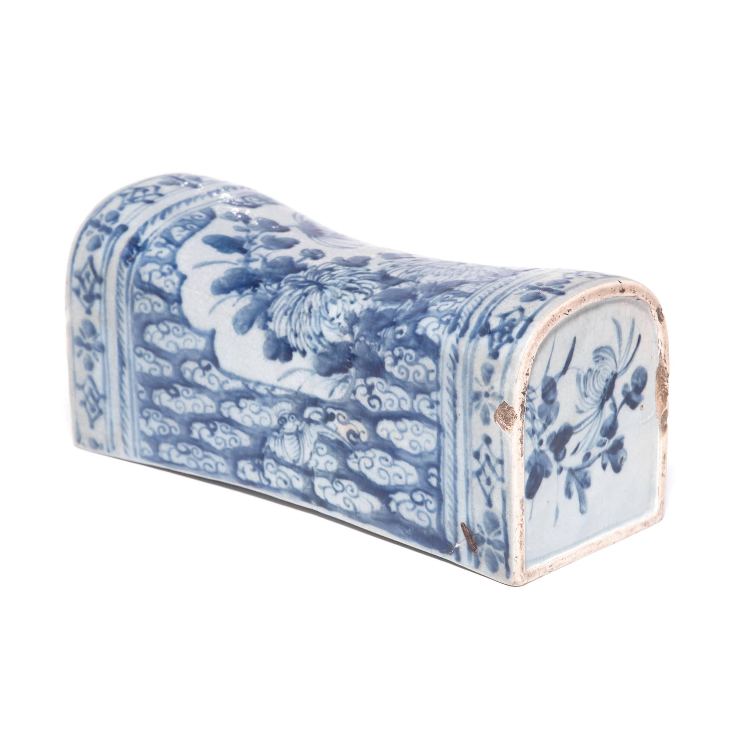 We call this Qing-dynasty neck pillow “Broken Dreams” not for the restlessness one might experience with such a hard headrest but for the 19th century restoration that enhances its age and character. Dealing with what could have been an irreparable