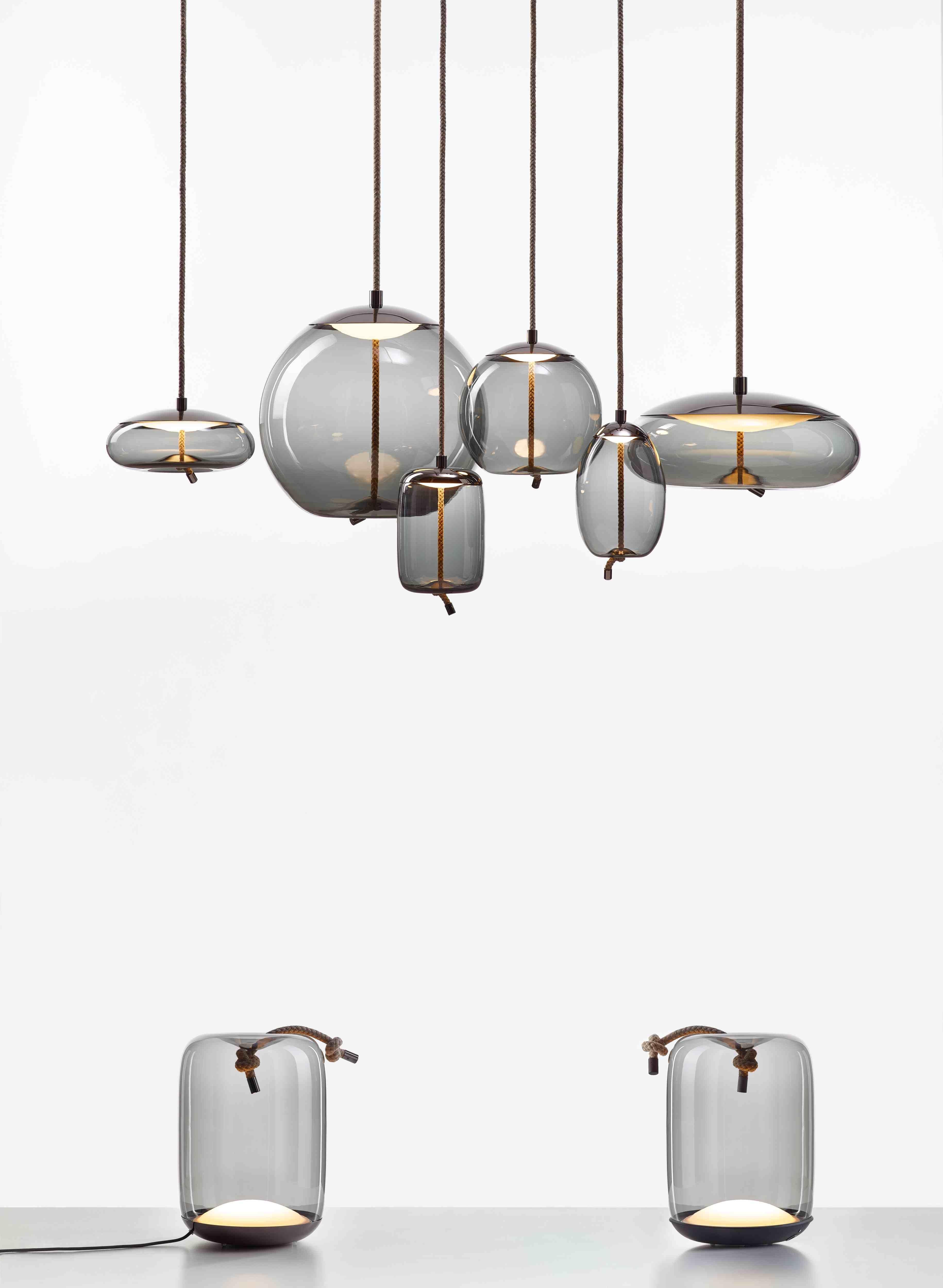 Organic Modern Brokis Knot Disco large suspension lamp smoke gray transparent glass and brass For Sale