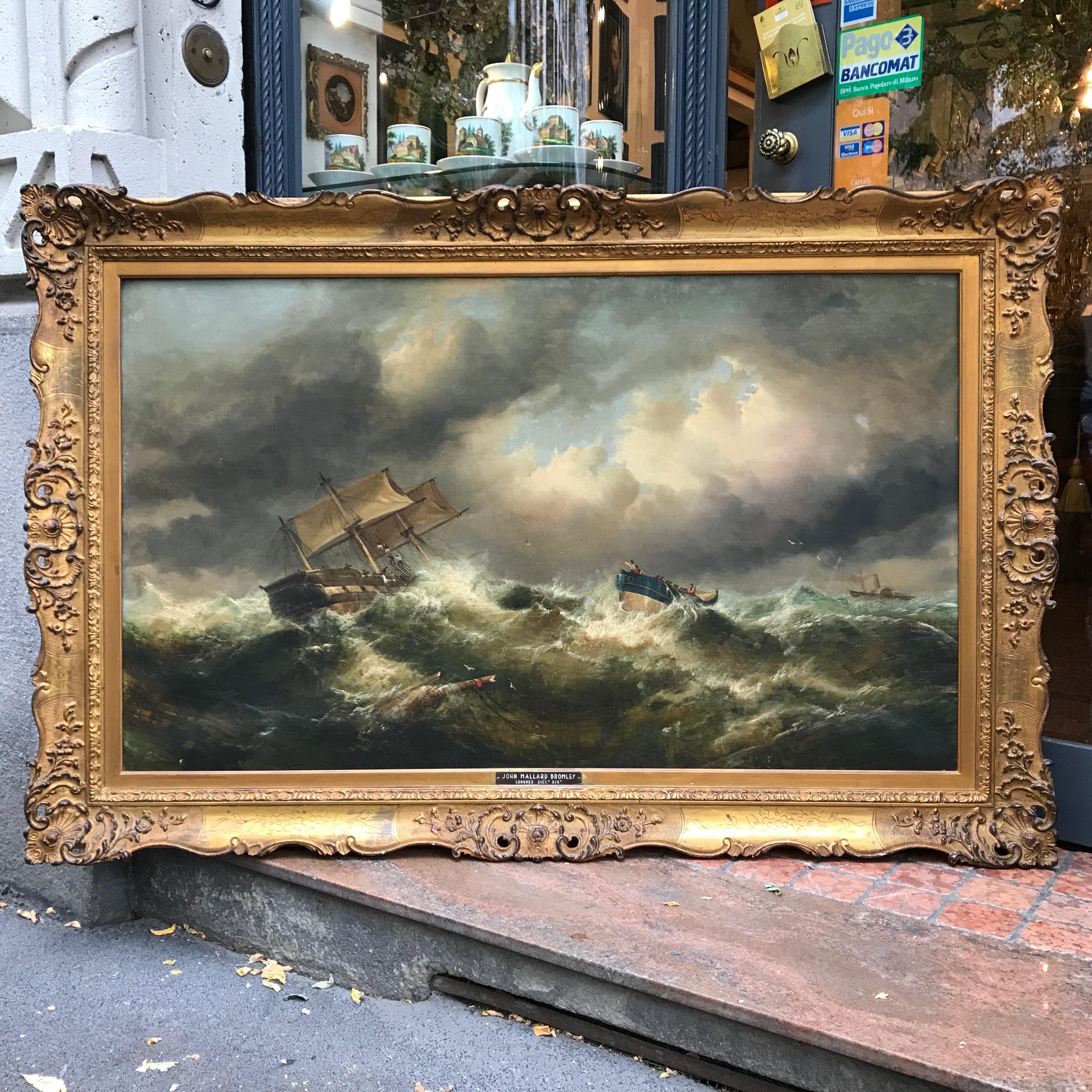 19th Century English Marine Painting Boats Stormy Sea by Bromley John Mallord 6